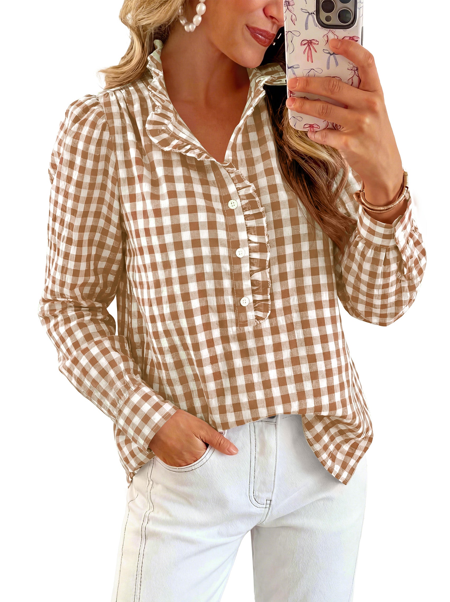 MASCOMODA Womens Long Sleeve Button Down Tops Plaid Shirts | 100% Cotton Shirts, Lightweight, Ruffled Collar, Puff Sleeve Gingham Top, Business Casual Work Blouses, Fall Office Wear