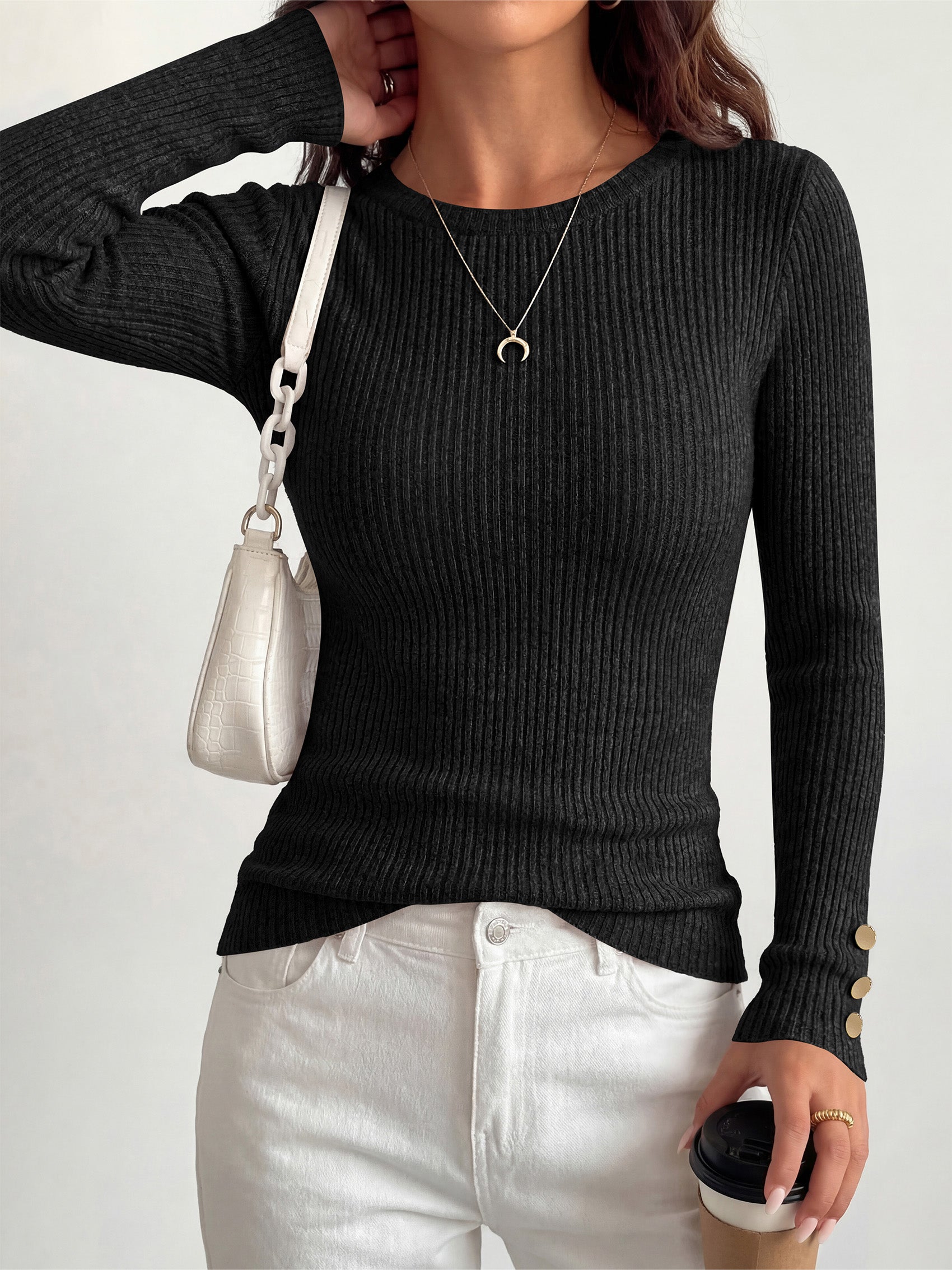 MASCOMODA Fall Long Sleeve Shirts for Women Dressy Crewneck Ribbed Knit Work Tops with Button Cuffs Business Casual Outfits