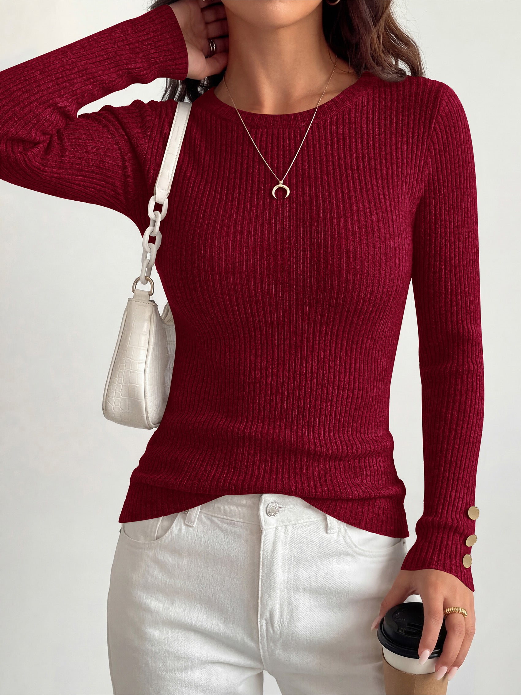 MASCOMODA Fall Long Sleeve Shirts for Women Dressy Crewneck Ribbed Knit Work Tops with Button Cuffs Business Casual Outfits