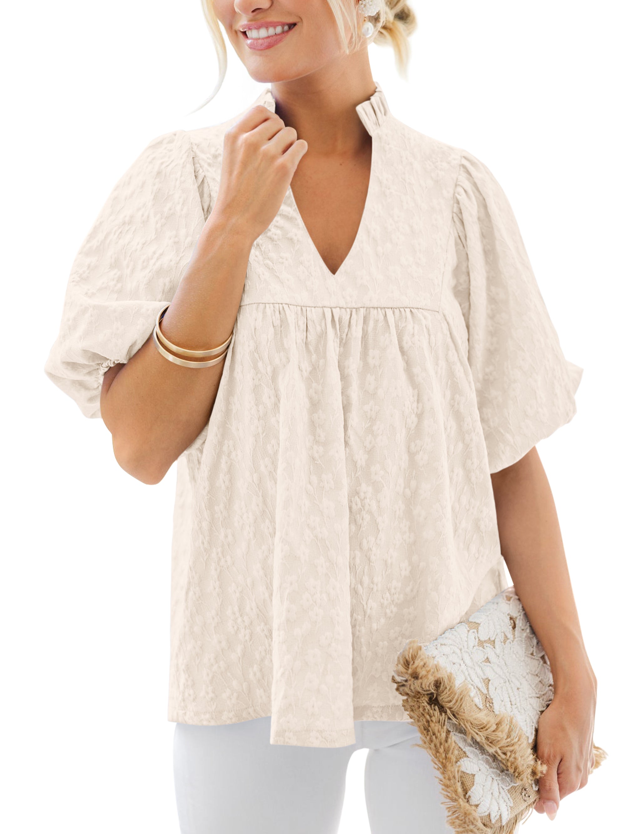 MASCOMODA Womens Summer Tops 2026 Ruffle V Neck Blouses Loose Puff Short Sleeve Jacquard Babydoll Tops Casual Dressy T-Shirts