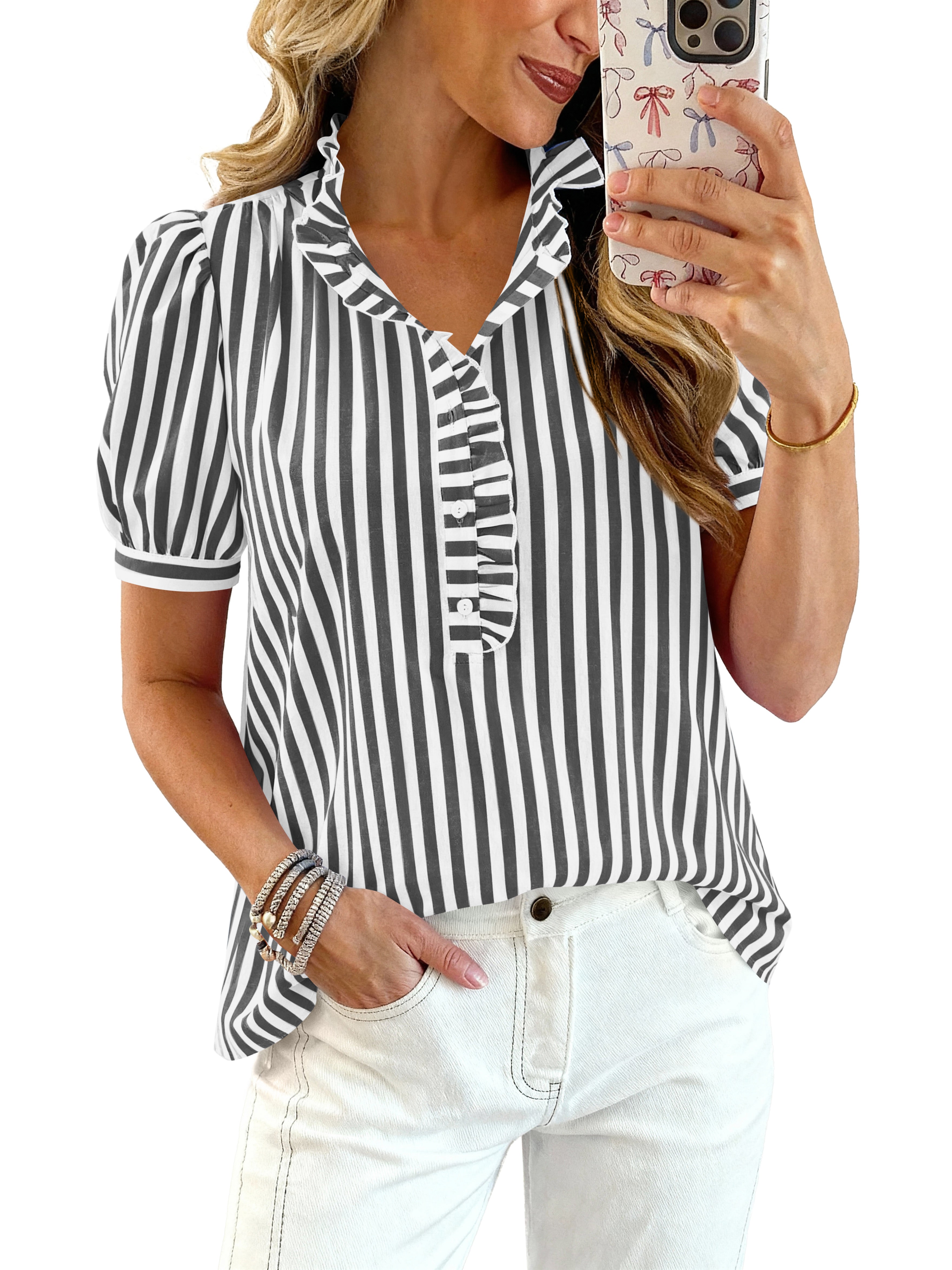 MASCOMODA Women's Short Puff Sleeve V Neck Ruffled Trim Striped Plaid Shirts Summer Casual Tops Button Up Work Blouse