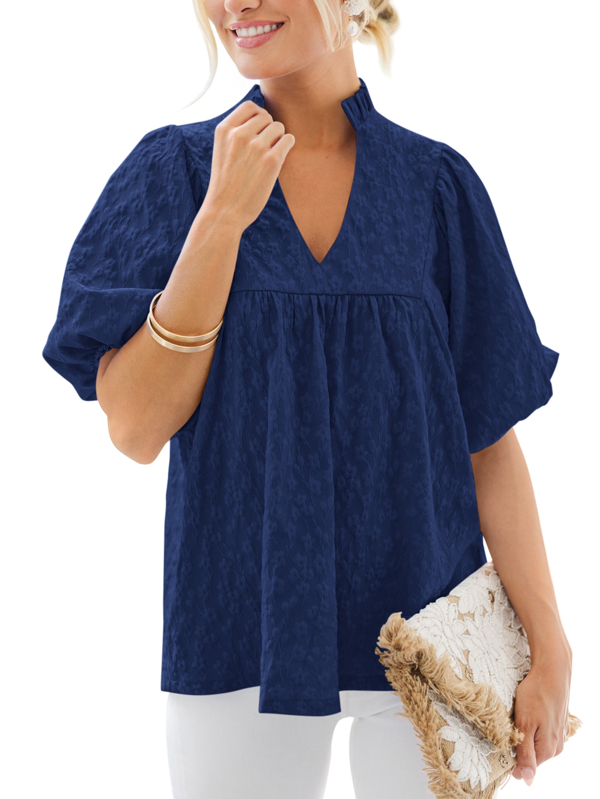 MASCOMODA Womens Summer Tops 2026 Ruffle V Neck Blouses Loose Puff Short Sleeve Jacquard Babydoll Tops Casual Dressy T-Shirts