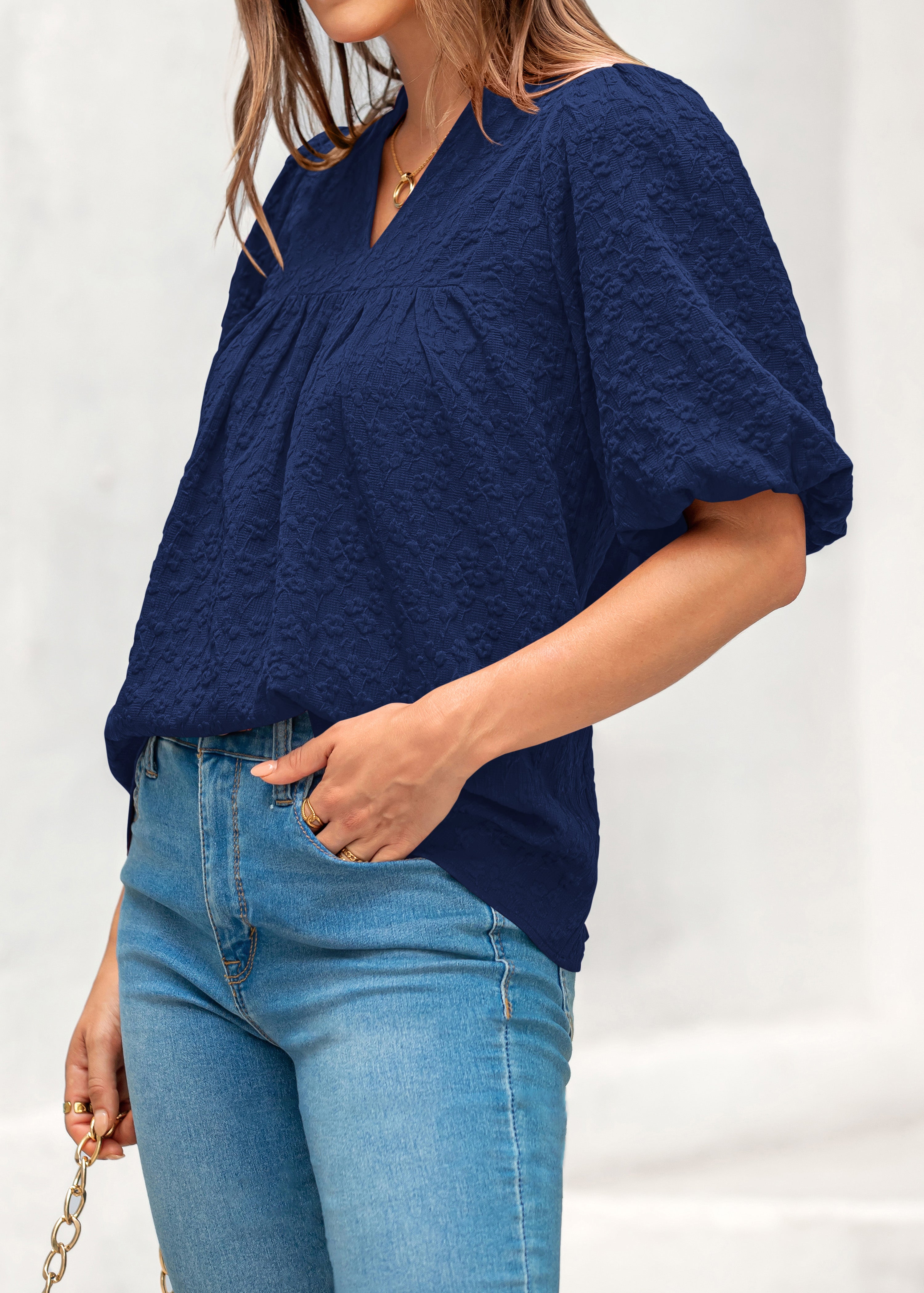 MASCOMODA Womens Summer Tops 2026 Ruffle V Neck Blouses Loose Puff Short Sleeve Jacquard Babydoll Tops Casual Dressy T-Shirts