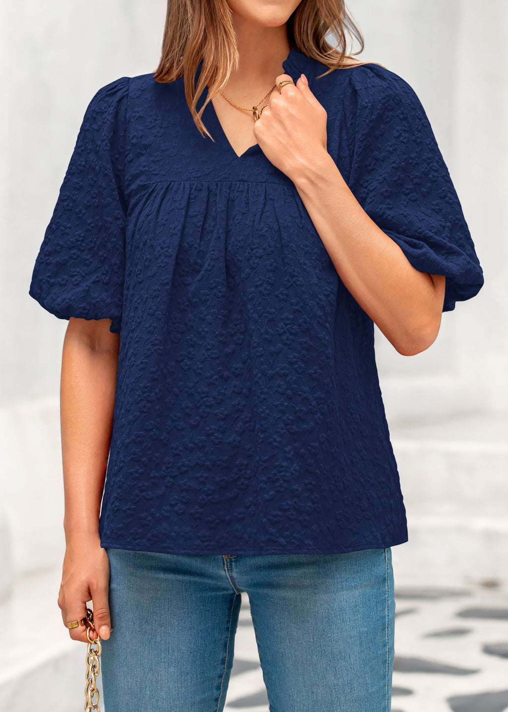 MASCOMODA Womens Summer Tops 2026 Ruffle V Neck Blouses Loose Puff Short Sleeve Jacquard Babydoll Tops Casual Dressy T-Shirts