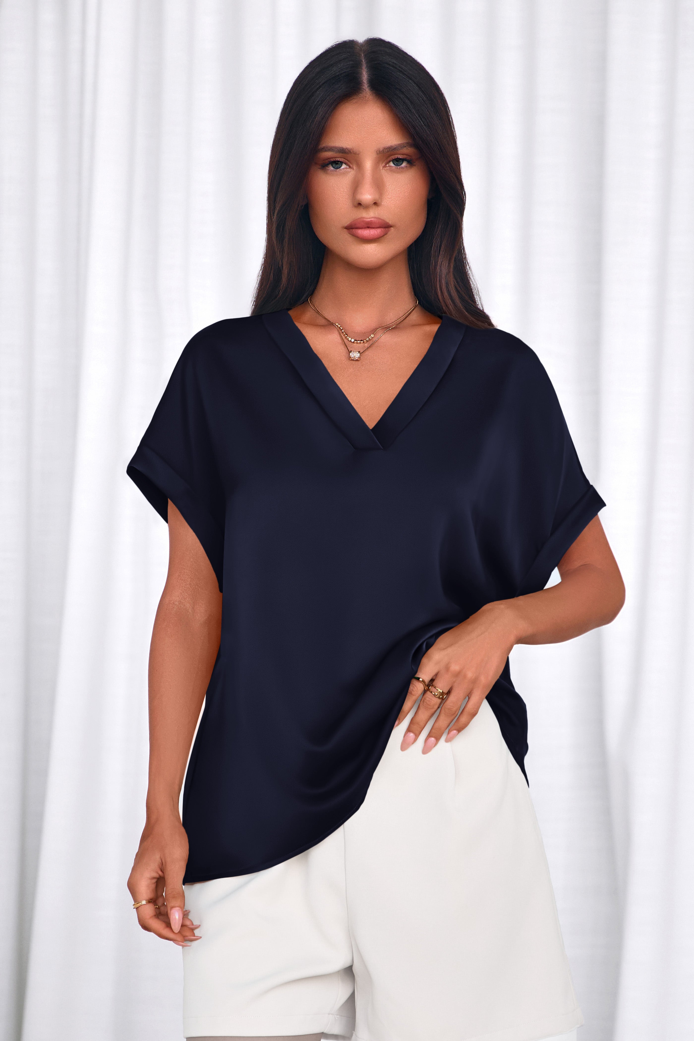 MASCOMODA Womens V Neck Silk Satin Tops Dressy Short Sleeve Work Blouses Spring Summer Loose T Shirts Business Casual Outfits