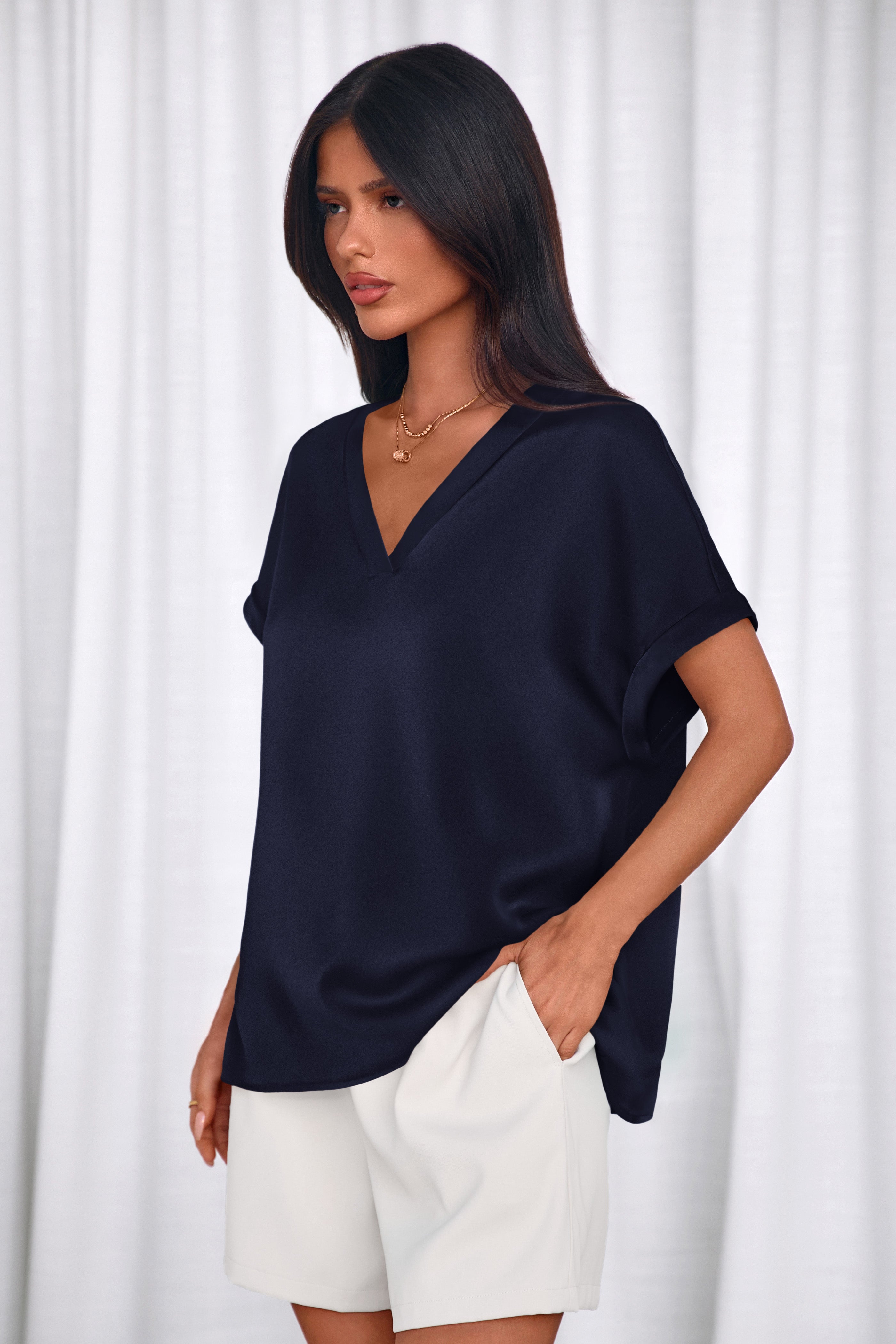 MASCOMODA Womens V Neck Silk Satin Tops Dressy Short Sleeve Work Blouses Spring Summer Loose T Shirts Business Casual Outfits