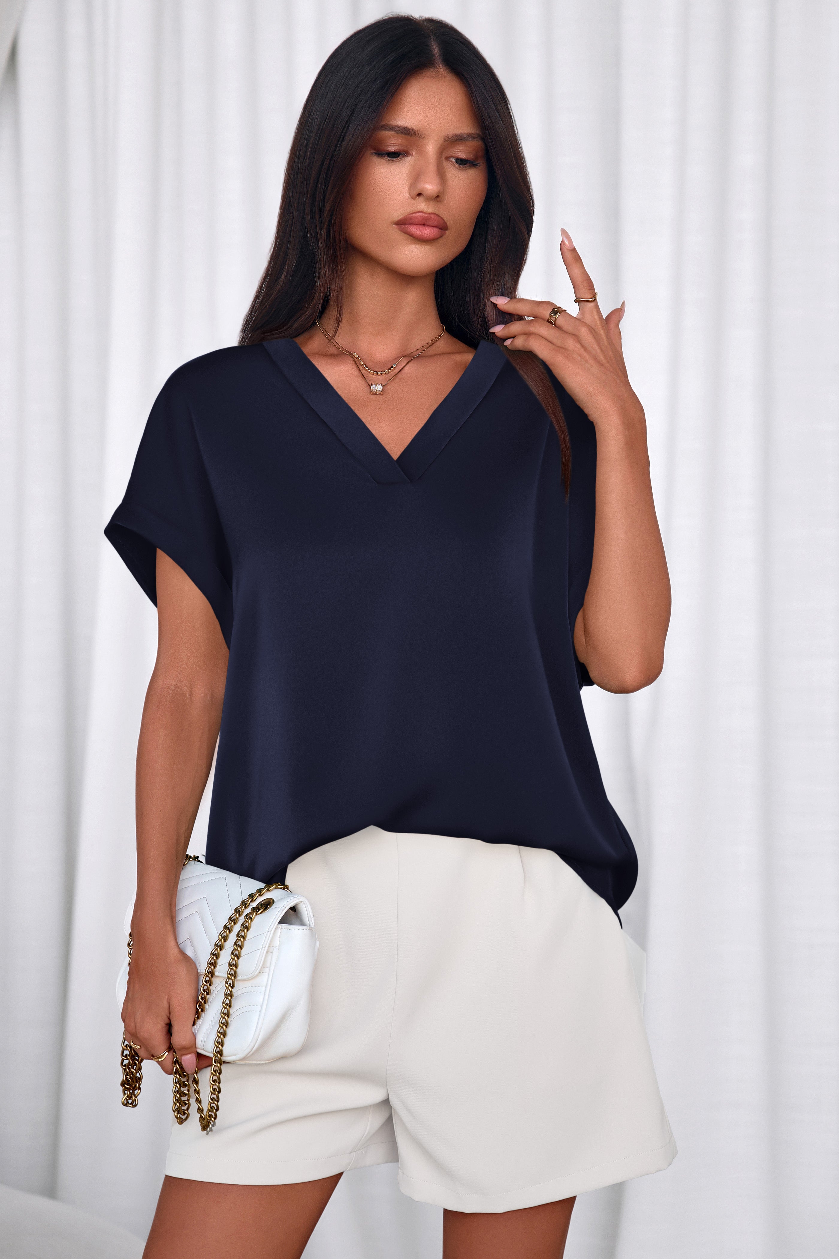 MASCOMODA Womens V Neck Silk Satin Tops Dressy Short Sleeve Work Blouses Spring Summer Loose T Shirts Business Casual Outfits