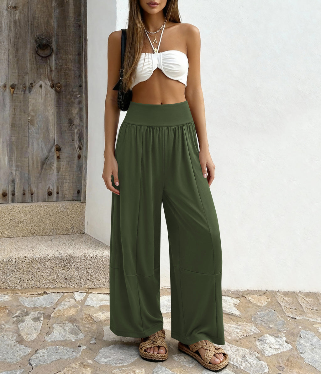 MASCOMODA Flowy Palazzo Pants for Women Casual High Smocked Waisted Boho Wide Leg Lounge Pant with Pockets Summer Clothes