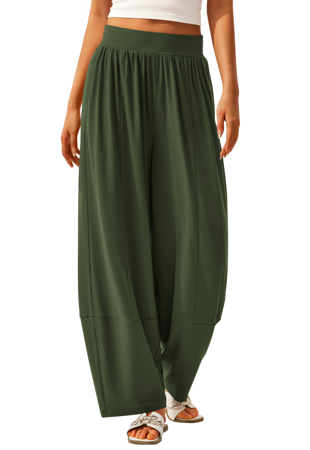 MASCOMODA Flowy Palazzo Pants for Women Casual High Smocked Waisted Boho Wide Leg Lounge Pant with Pockets Summer Clothes