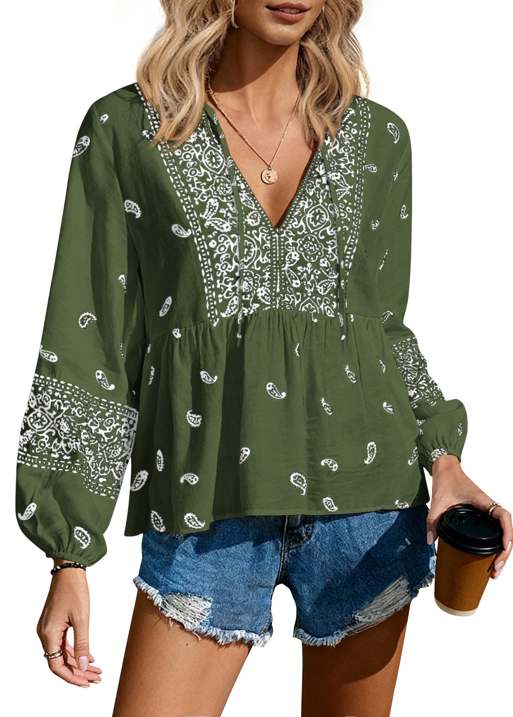 MASCOMODA Womens Ruffle V Neck Boho Tops Casual Puff Long Sleeve Babydoll Top Tie Front Flowy Loose Summer Blouses