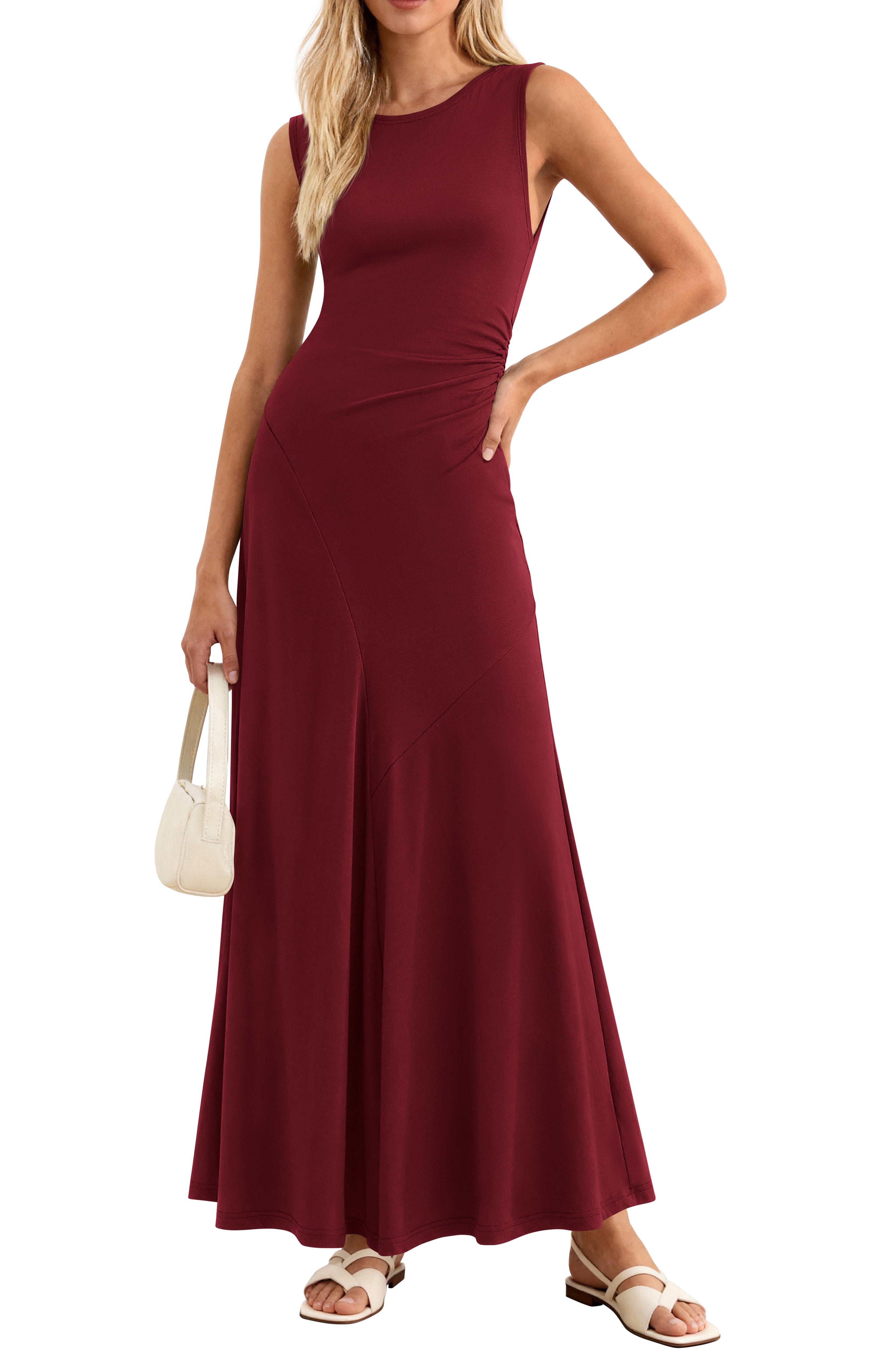 MASCOMODA Summer Casual Sleeveless Maxi Dresses for Women 2026 Spring Ruched A Line Flowy Tank Beach Vacation Long Sundress