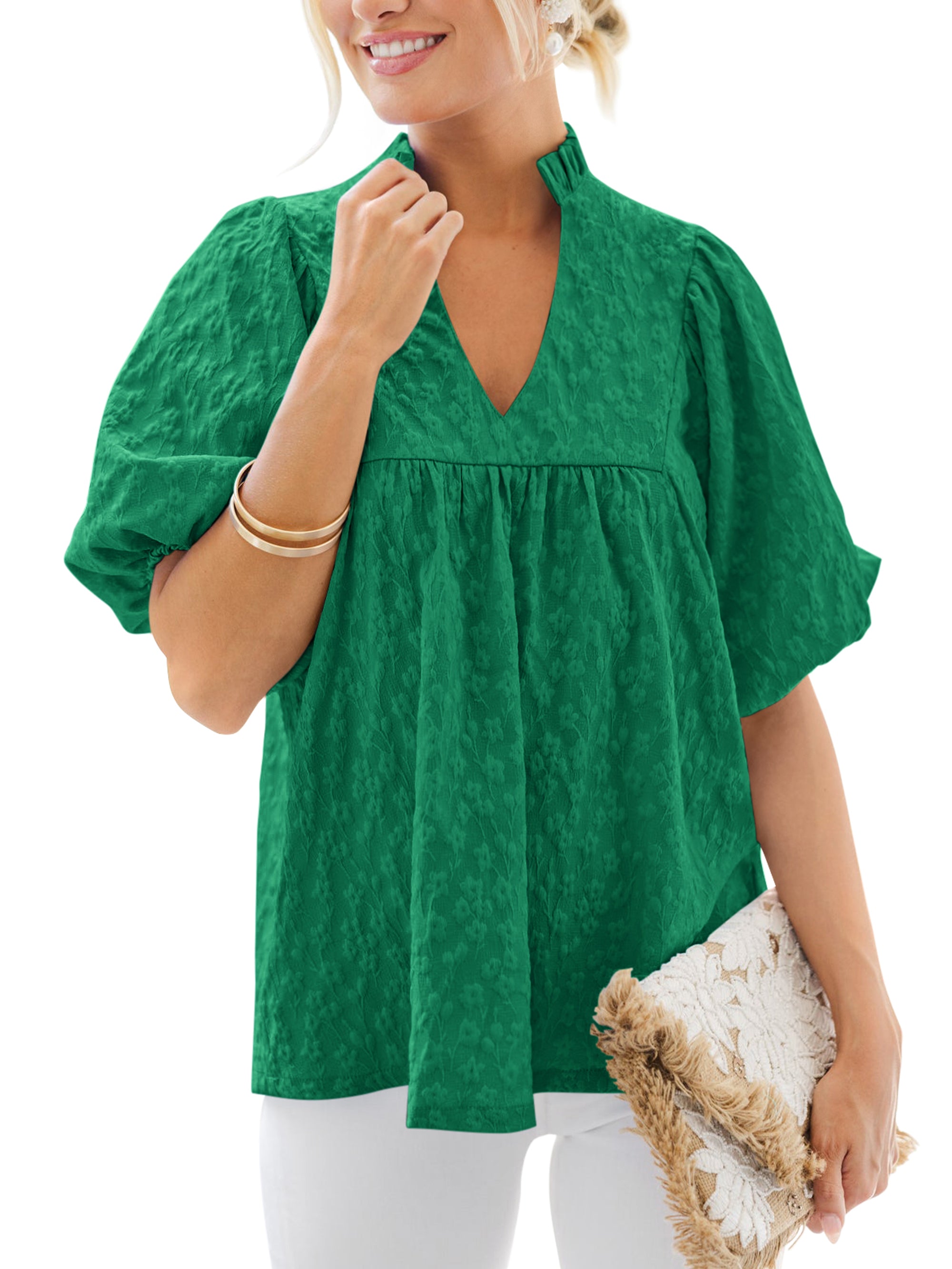 MASCOMODA Womens Summer Tops 2026 Ruffle V Neck Blouses Loose Puff Short Sleeve Jacquard Babydoll Tops Casual Dressy T-Shirts