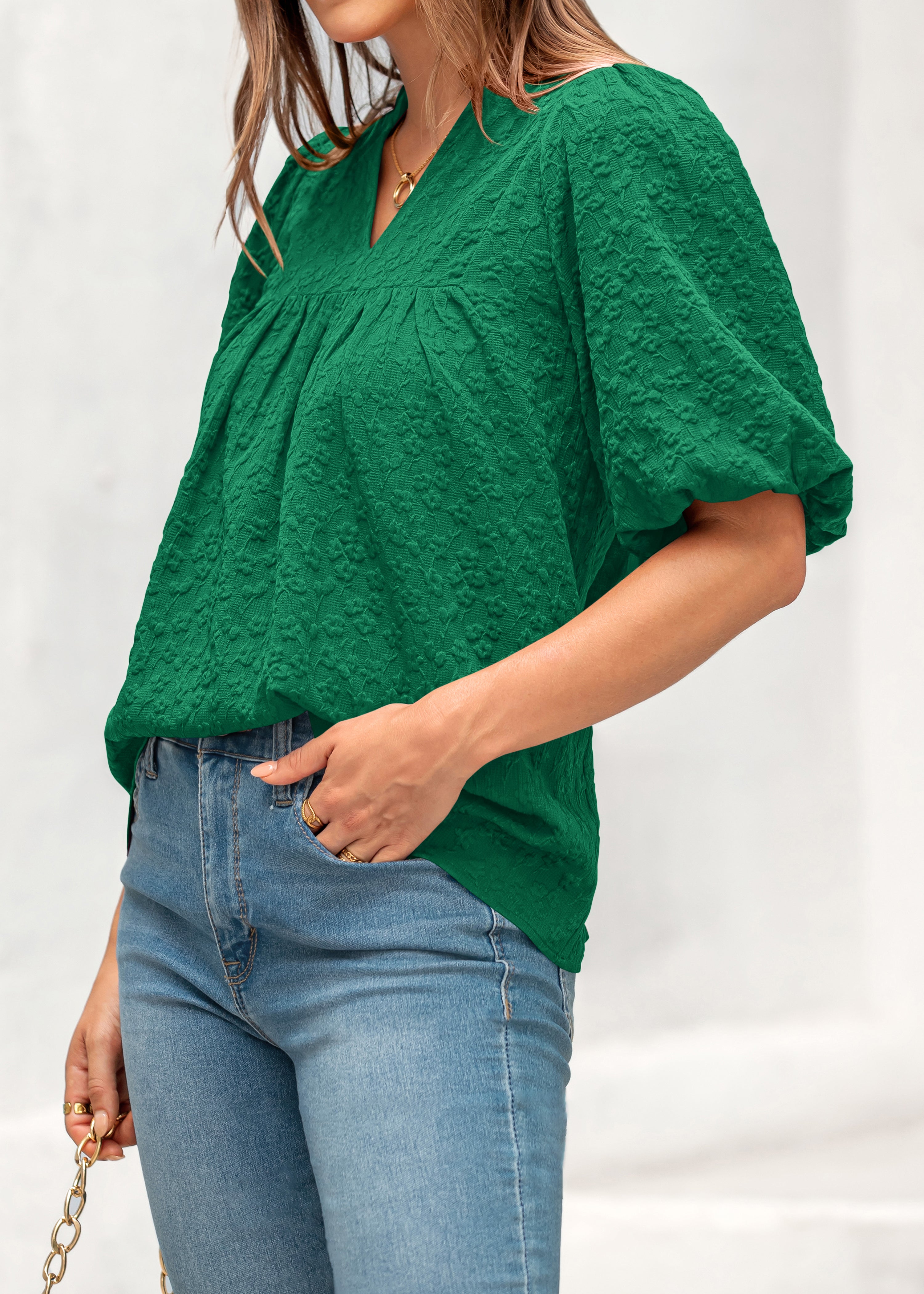 MASCOMODA Womens Summer Tops 2026 Ruffle V Neck Blouses Loose Puff Short Sleeve Jacquard Babydoll Tops Casual Dressy T-Shirts