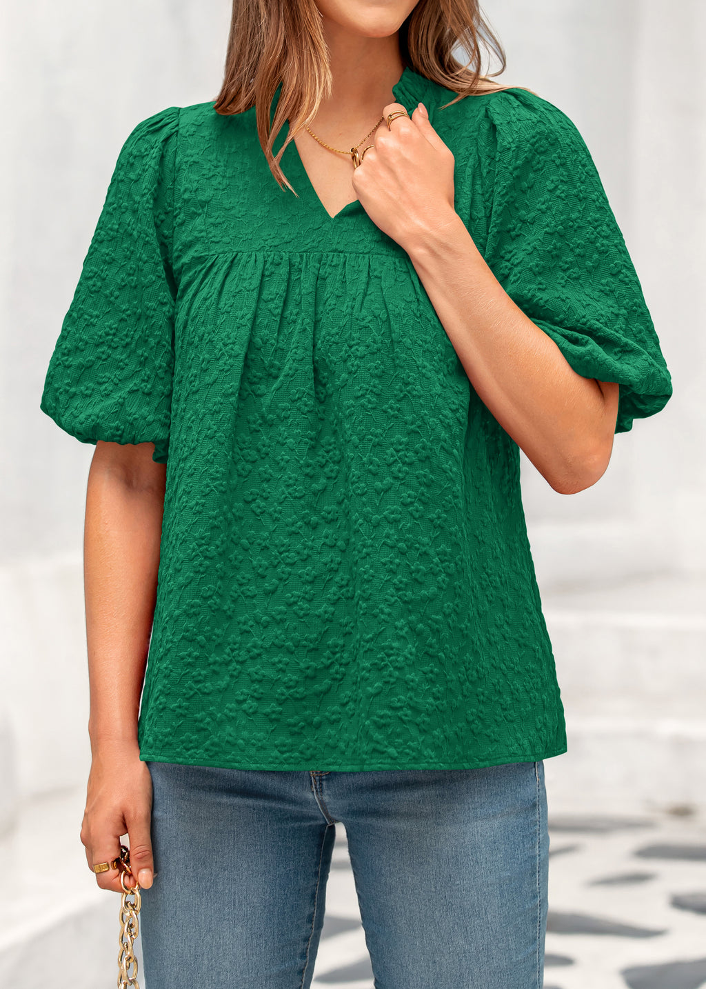 MASCOMODA Womens Summer Tops 2026 Ruffle V Neck Blouses Loose Puff Short Sleeve Jacquard Babydoll Tops Casual Dressy T-Shirts