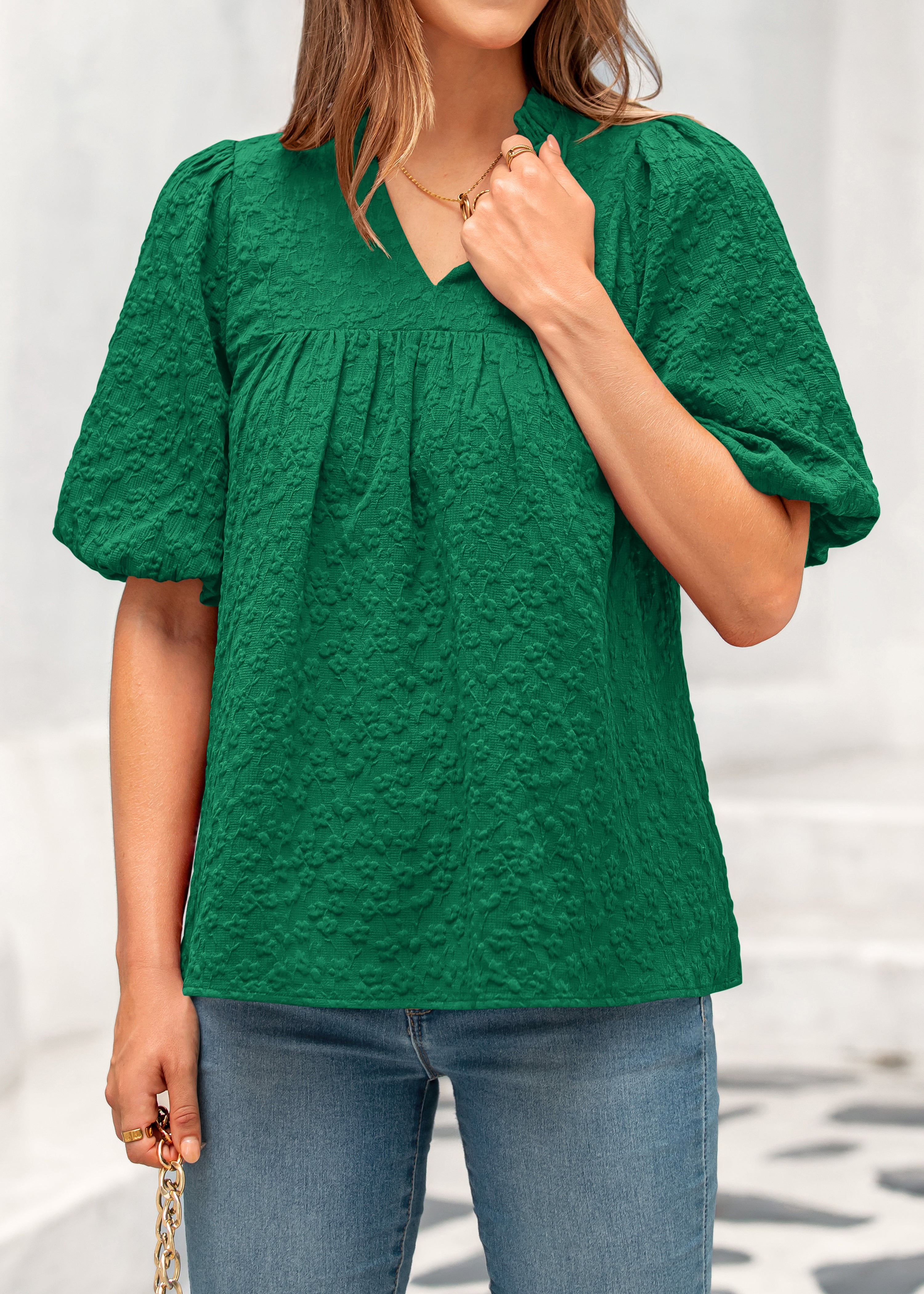MASCOMODA Womens Summer Tops 2026 Ruffle V Neck Blouses Loose Puff Short Sleeve Jacquard Babydoll Tops Casual Dressy T-Shirts