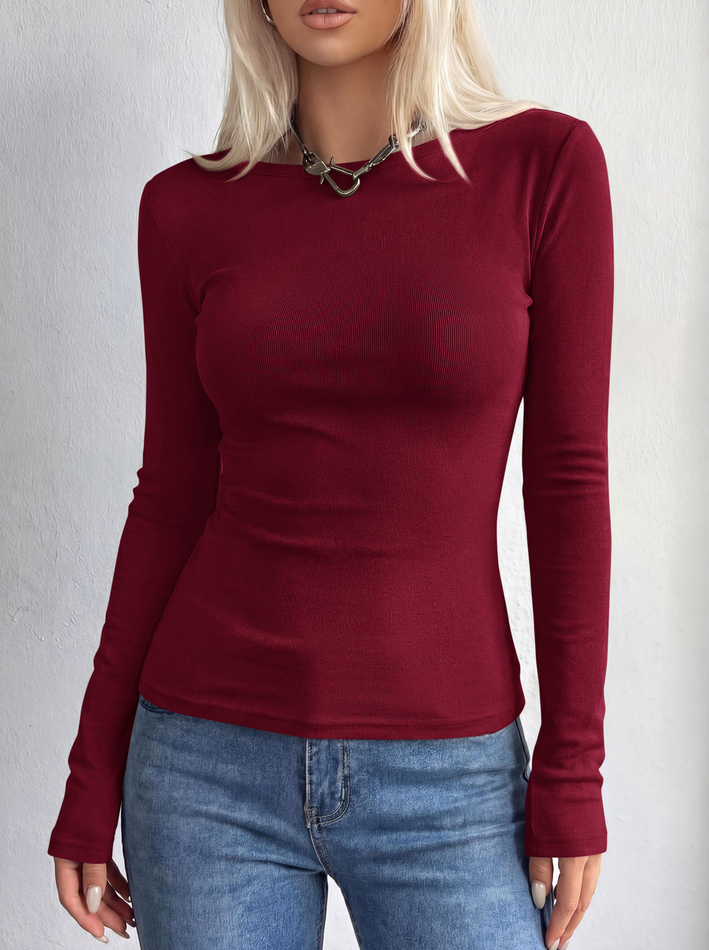 MASCOMODA Womens Basic Long Sleeve Shirts Casual Boat Neck Rib Knit Fitted T-Shirt Cute Going Out Tops Y2K Fashion Clothing