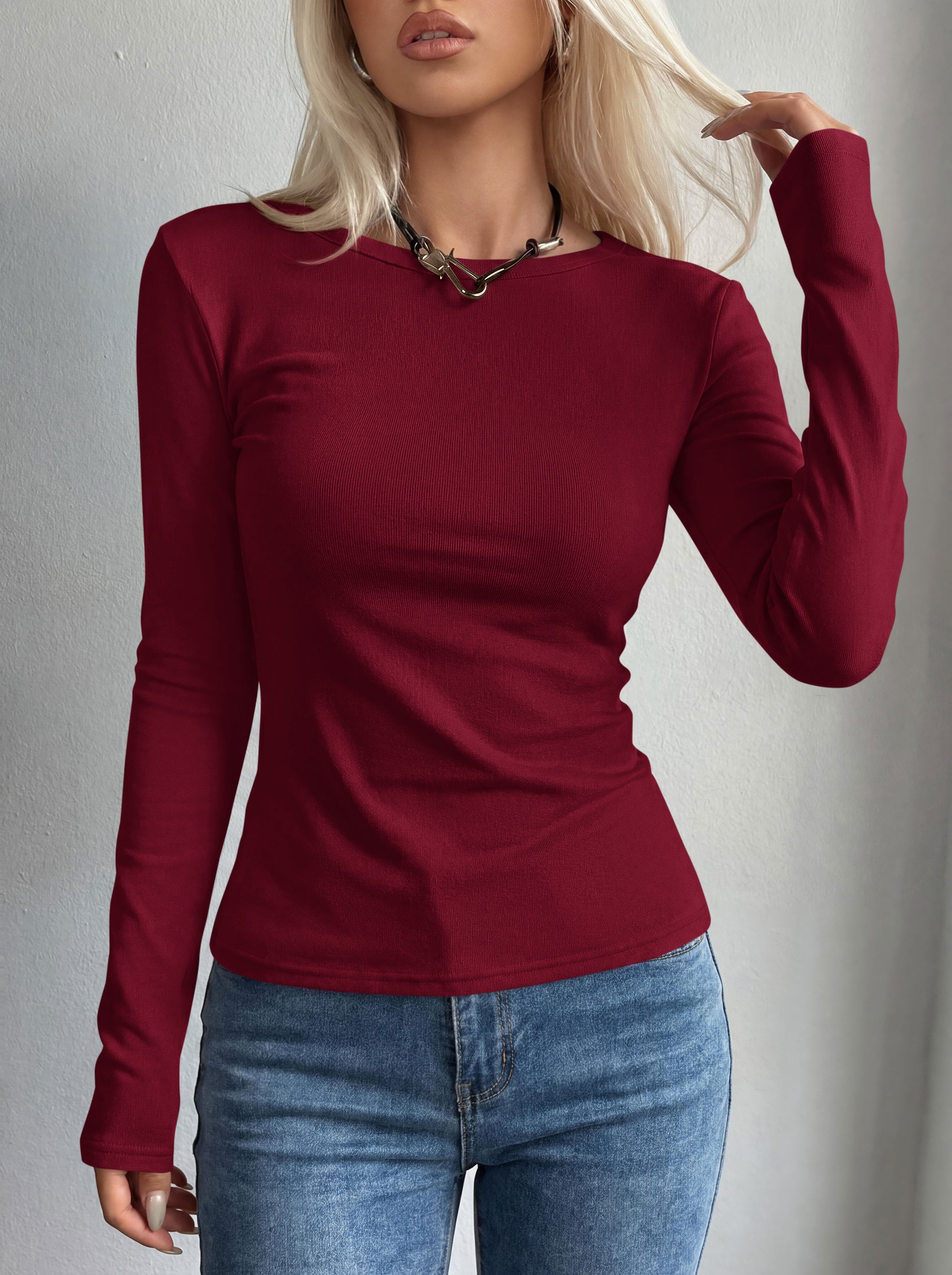 MASCOMODA Womens Basic Long Sleeve Shirts Casual Boat Neck Rib Knit Fitted T-Shirt Cute Going Out Tops Y2K Fashion Clothing
