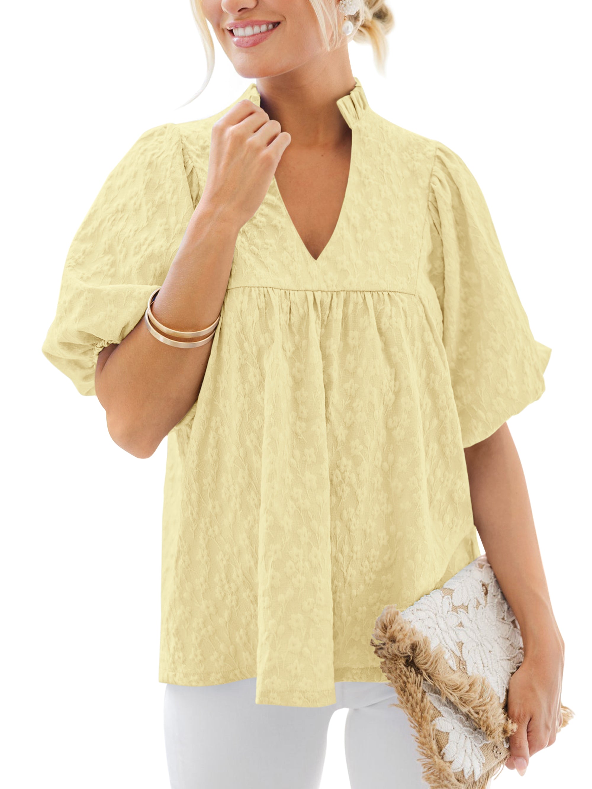 MASCOMODA Womens Summer Tops 2026 Ruffle V Neck Blouses Loose Puff Short Sleeve Jacquard Babydoll Tops Casual Dressy T-Shirts