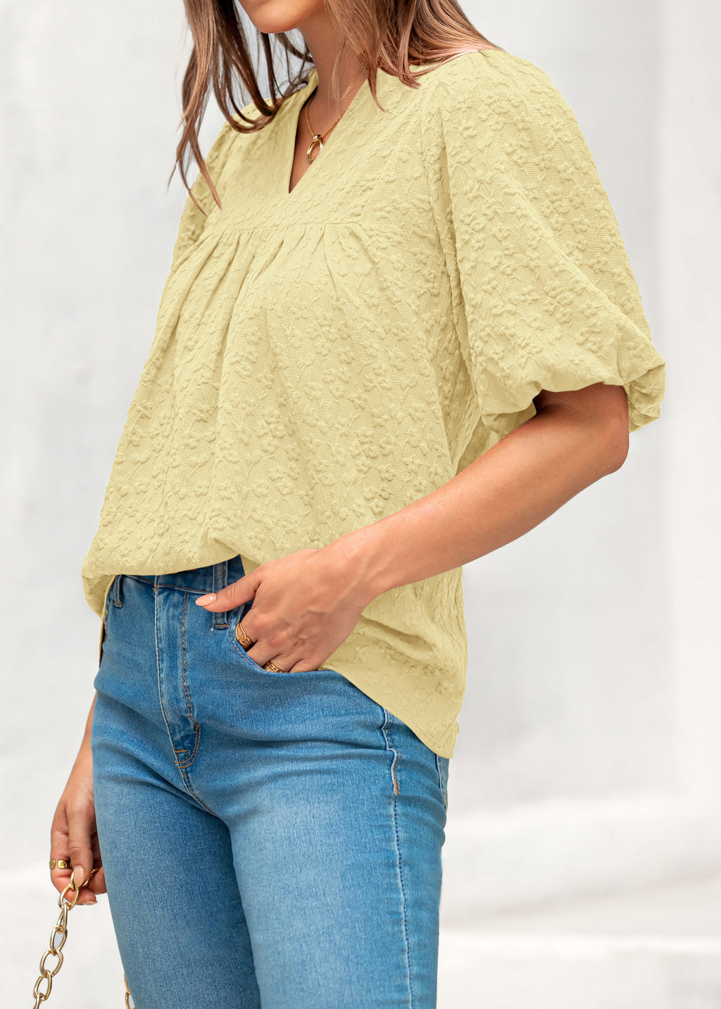 MASCOMODA Womens Summer Tops 2026 Ruffle V Neck Blouses Loose Puff Short Sleeve Jacquard Babydoll Tops Casual Dressy T-Shirts