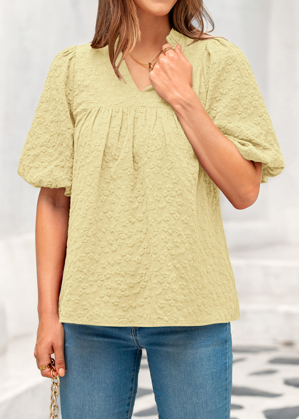 MASCOMODA Womens Summer Tops 2026 Ruffle V Neck Blouses Loose Puff Short Sleeve Jacquard Babydoll Tops Casual Dressy T-Shirts