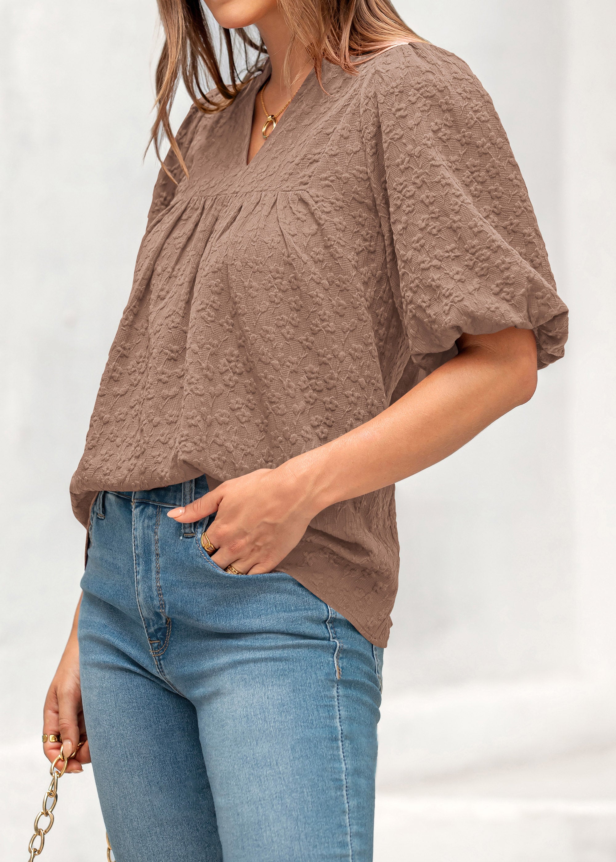 MASCOMODA Womens Summer Tops 2026 Ruffle V Neck Blouses Loose Puff Short Sleeve Jacquard Babydoll Tops Casual Dressy T-Shirts
