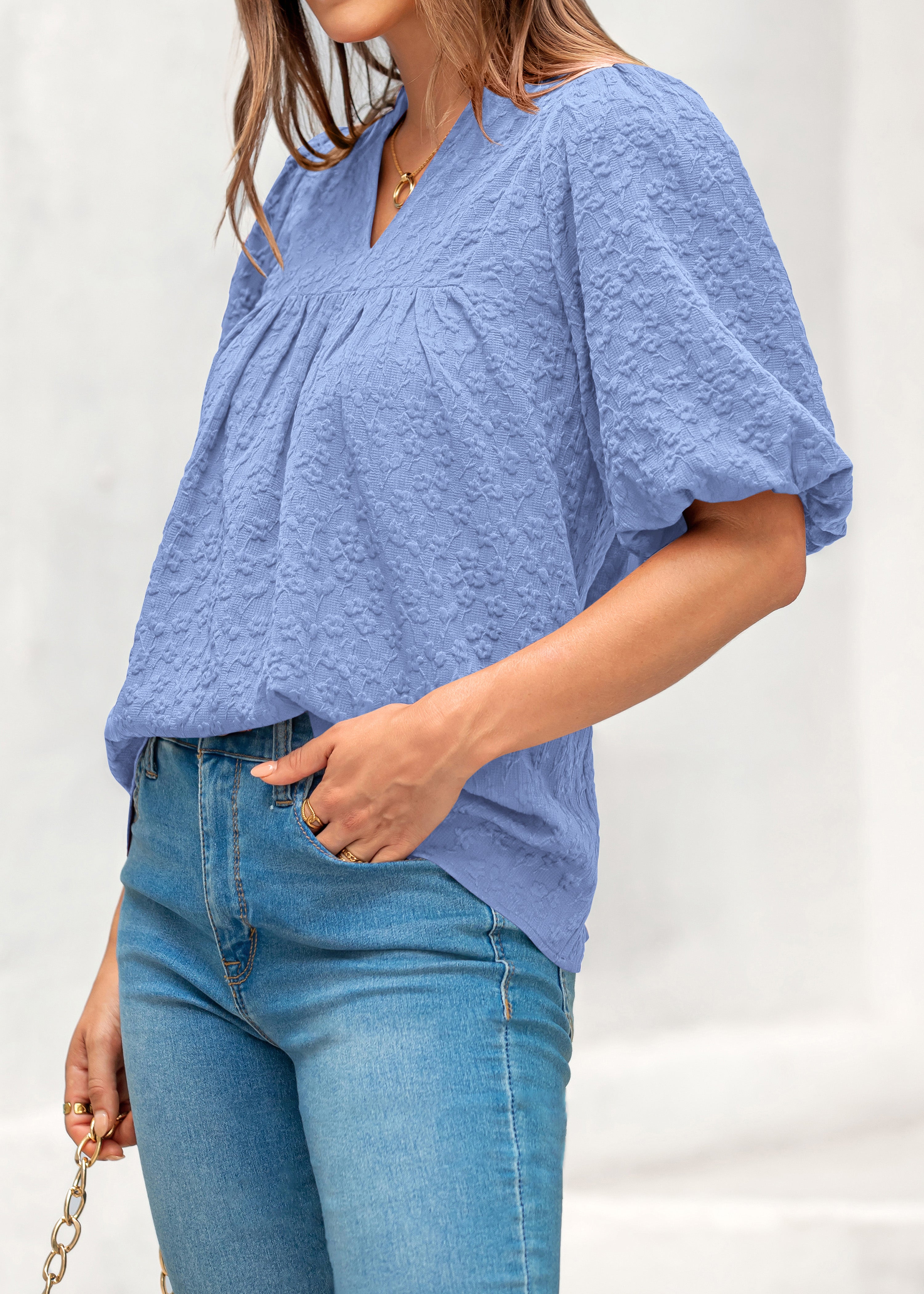 MASCOMODA Womens Summer Tops 2026 Ruffle V Neck Blouses Loose Puff Short Sleeve Jacquard Babydoll Tops Casual Dressy T-Shirts