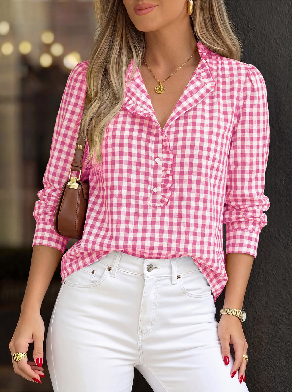 MASCOMODA Womens Long Sleeve Button Down Tops Plaid Shirts | 100% Cotton Shirts, Lightweight, Ruffled Collar, Puff Sleeve Gingham Top, Business Casual Work Blouses, Fall Office Wear