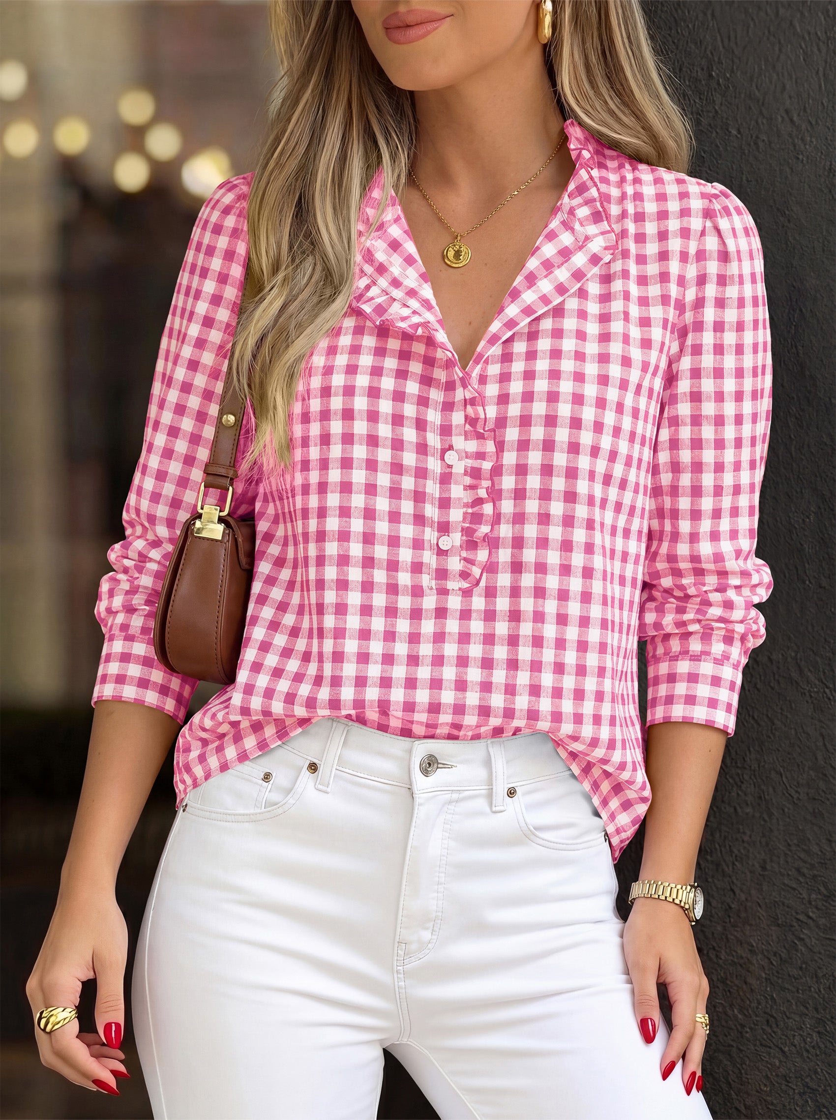 MASCOMODA Womens Long Sleeve Button Down Tops Plaid Shirts | 100% Cotton Shirts, Lightweight, Ruffled Collar, Puff Sleeve Gingham Top, Business Casual Work Blouses, Fall Office Wear