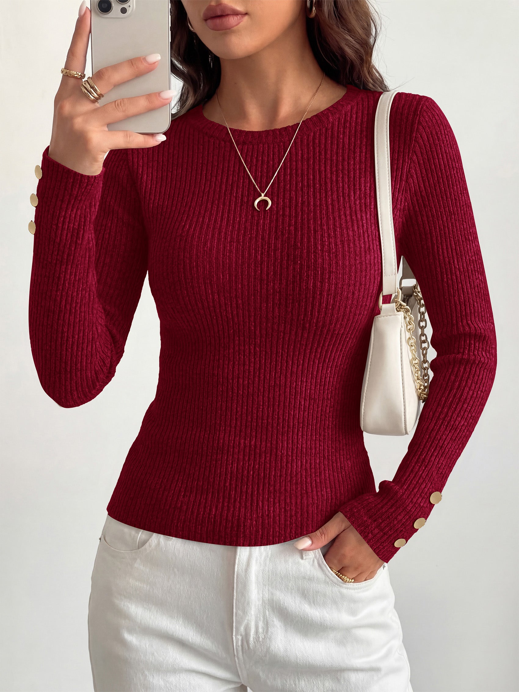 MASCOMODA Fall Long Sleeve Shirts for Women Dressy Crewneck Ribbed Knit Work Tops with Button Cuffs Business Casual Outfits