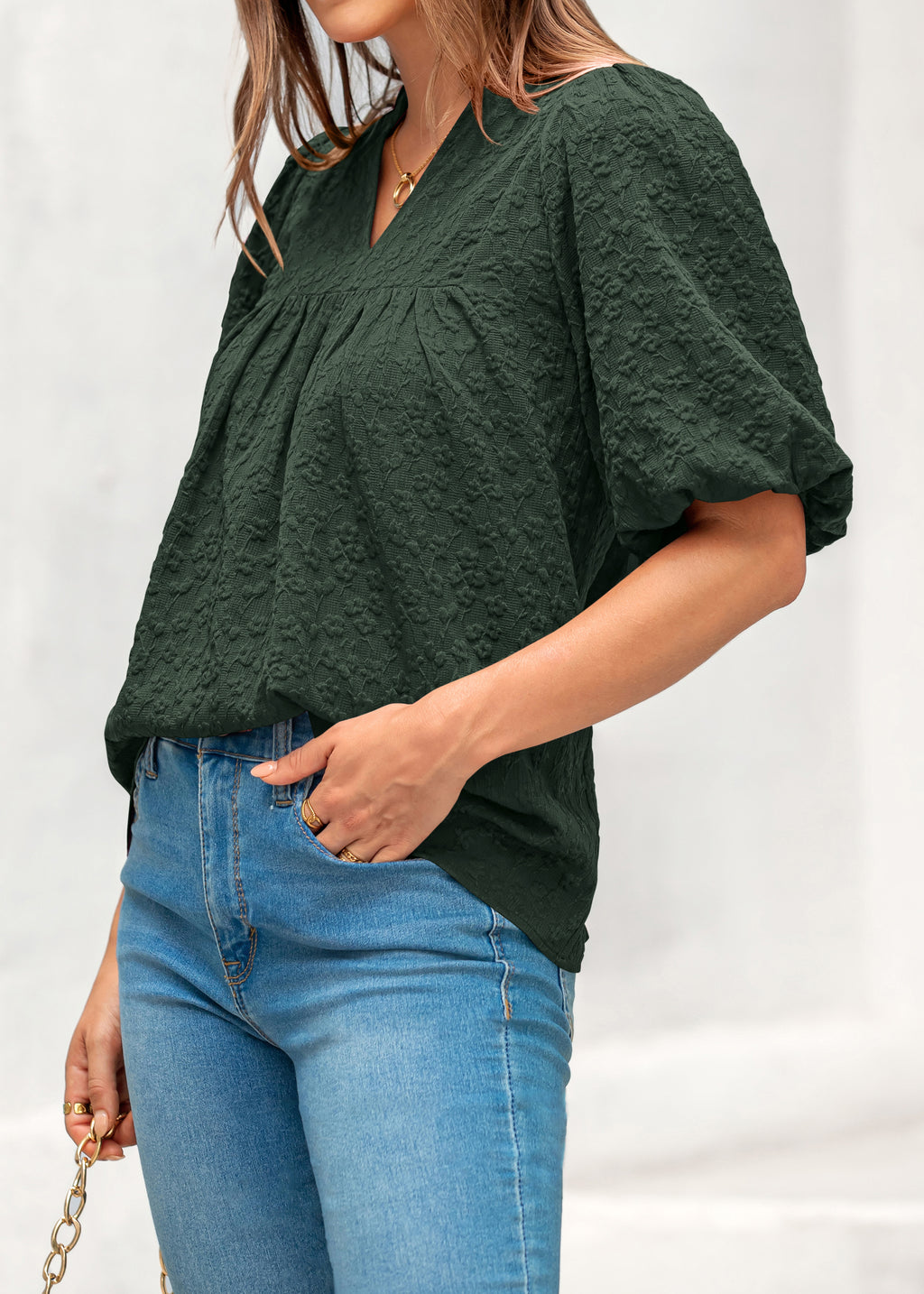 MASCOMODA Womens Summer Tops 2026 Ruffle V Neck Blouses Loose Puff Short Sleeve Jacquard Babydoll Tops Casual Dressy T-Shirts