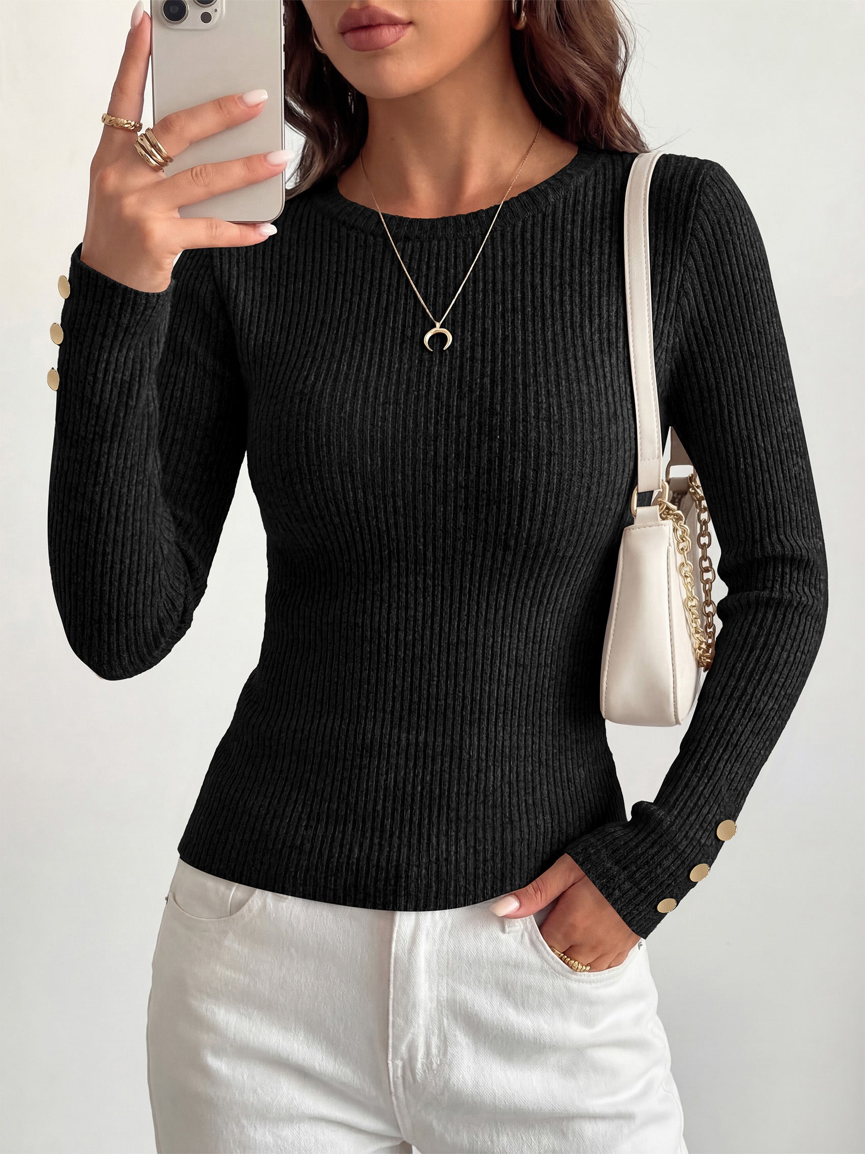 MASCOMODA Fall Long Sleeve Shirts for Women Dressy Crewneck Ribbed Knit Work Tops with Button Cuffs Business Casual Outfits