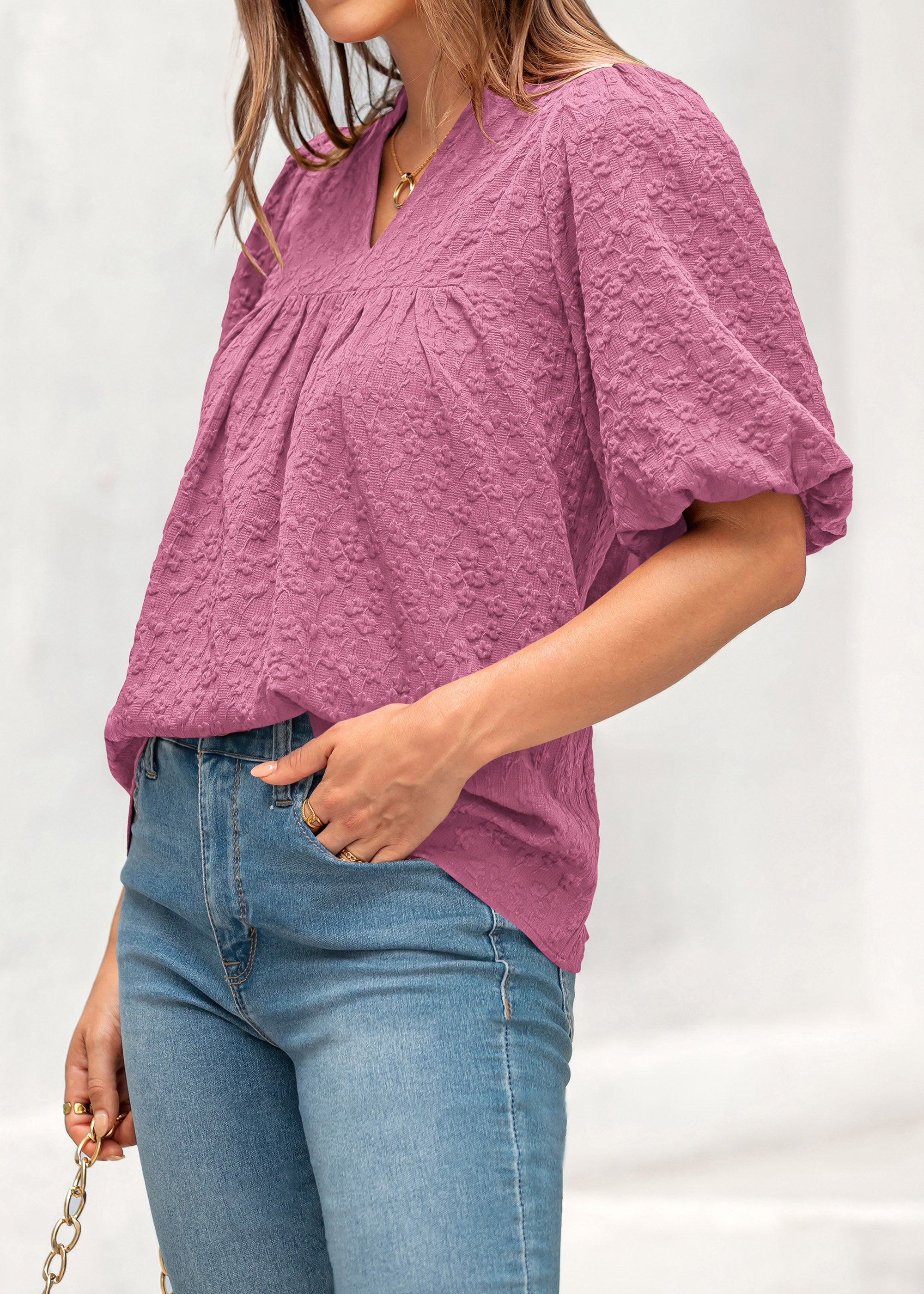 MASCOMODA Womens Summer Tops 2026 Ruffle V Neck Blouses Loose Puff Short Sleeve Jacquard Babydoll Tops Casual Dressy T-Shirts