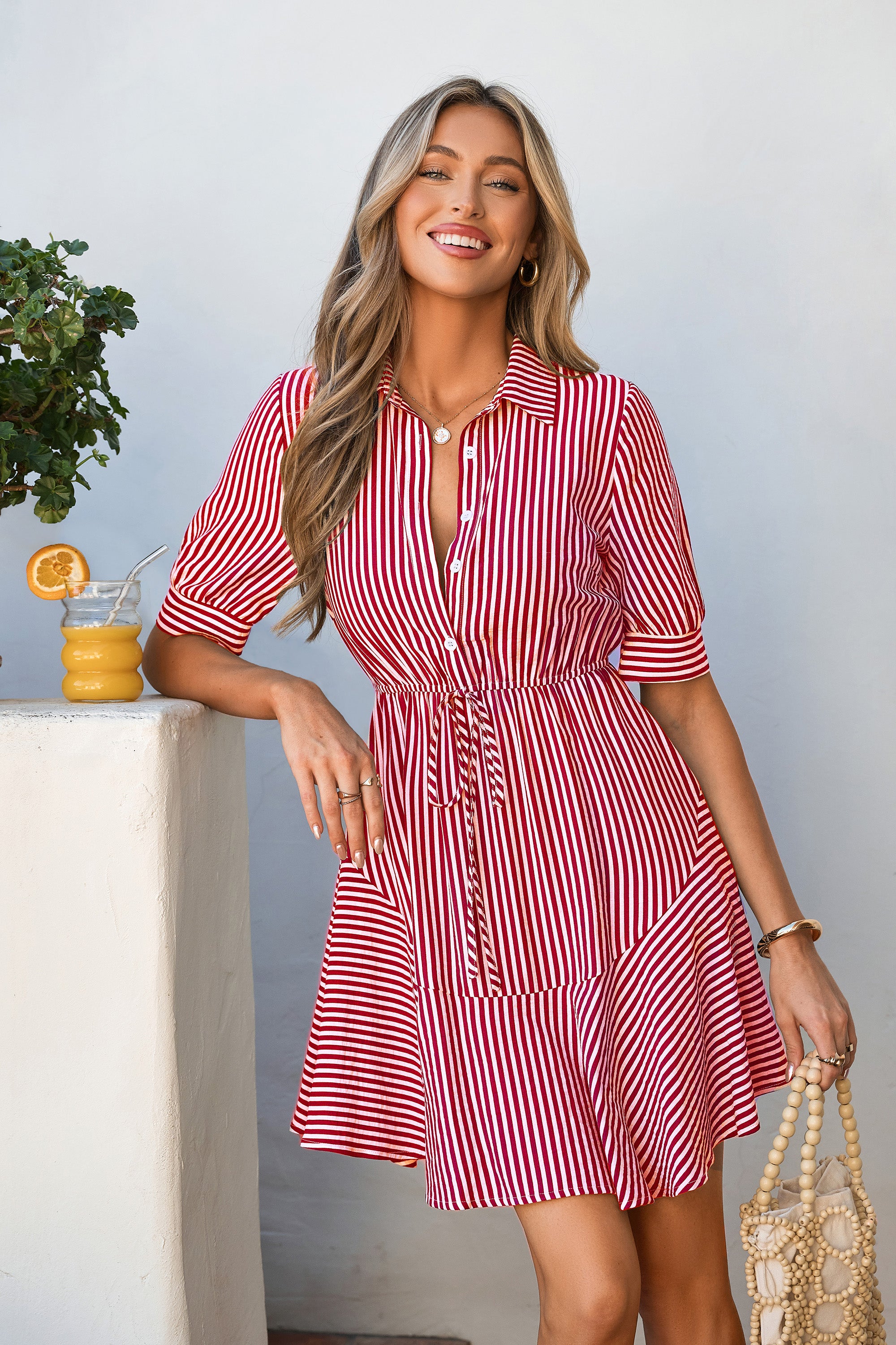 MASCOMODA Womens Striped Summer Short Sleeve Mini Dress Casual V Neck Button Down Flowy A Line Tie Waist Shirt Dresses
