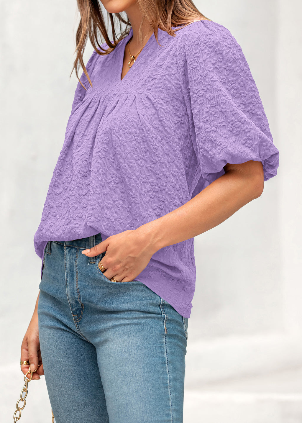 MASCOMODA Womens Summer Tops 2026 Ruffle V Neck Blouses Loose Puff Short Sleeve Jacquard Babydoll Tops Casual Dressy T-Shirts