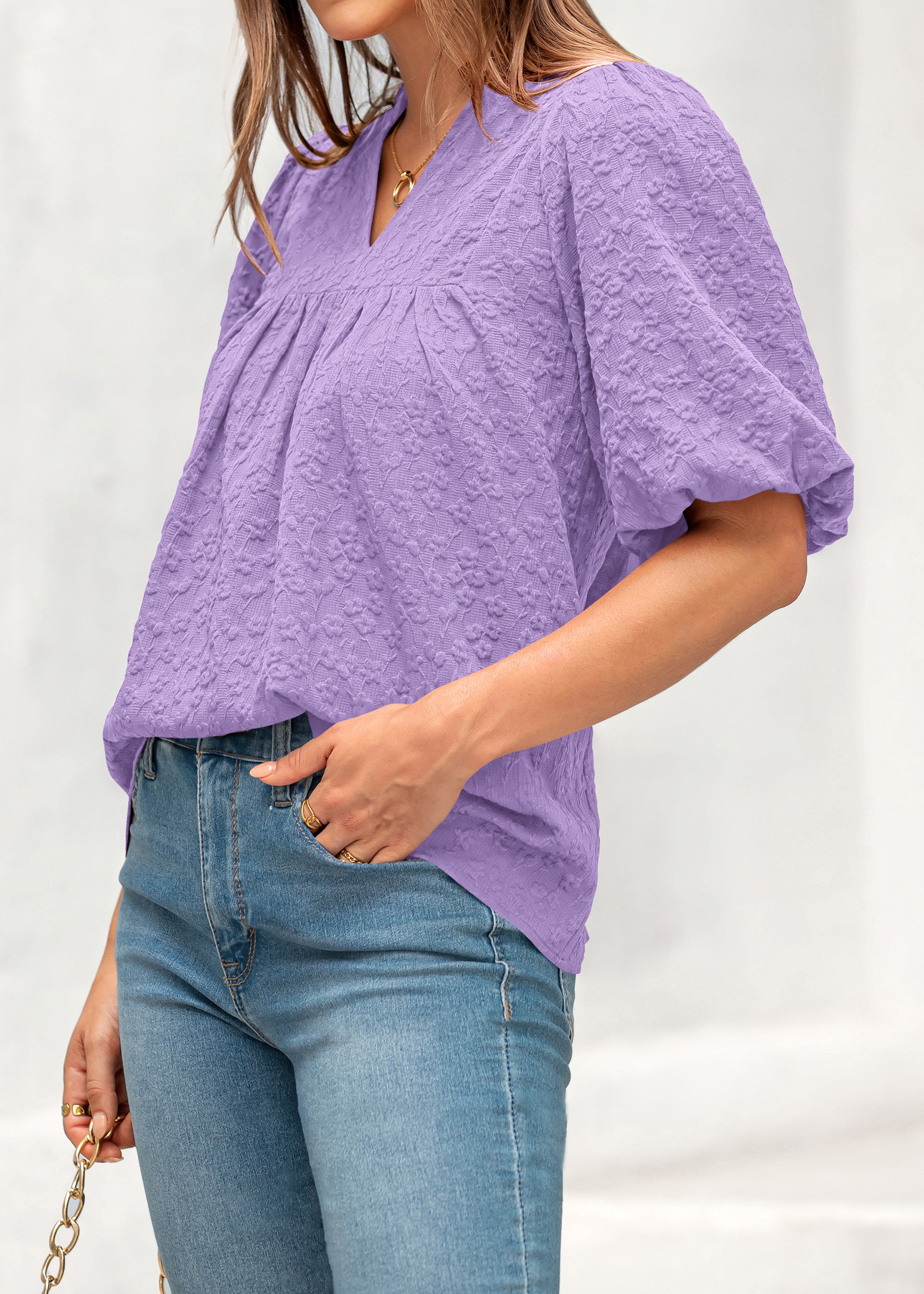 MASCOMODA Womens Summer Tops 2026 Ruffle V Neck Blouses Loose Puff Short Sleeve Jacquard Babydoll Tops Casual Dressy T-Shirts