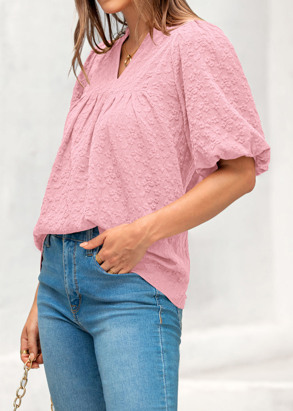 MASCOMODA Womens Summer Tops 2026 Ruffle V Neck Blouses Loose Puff Short Sleeve Jacquard Babydoll Tops Casual Dressy T-Shirts