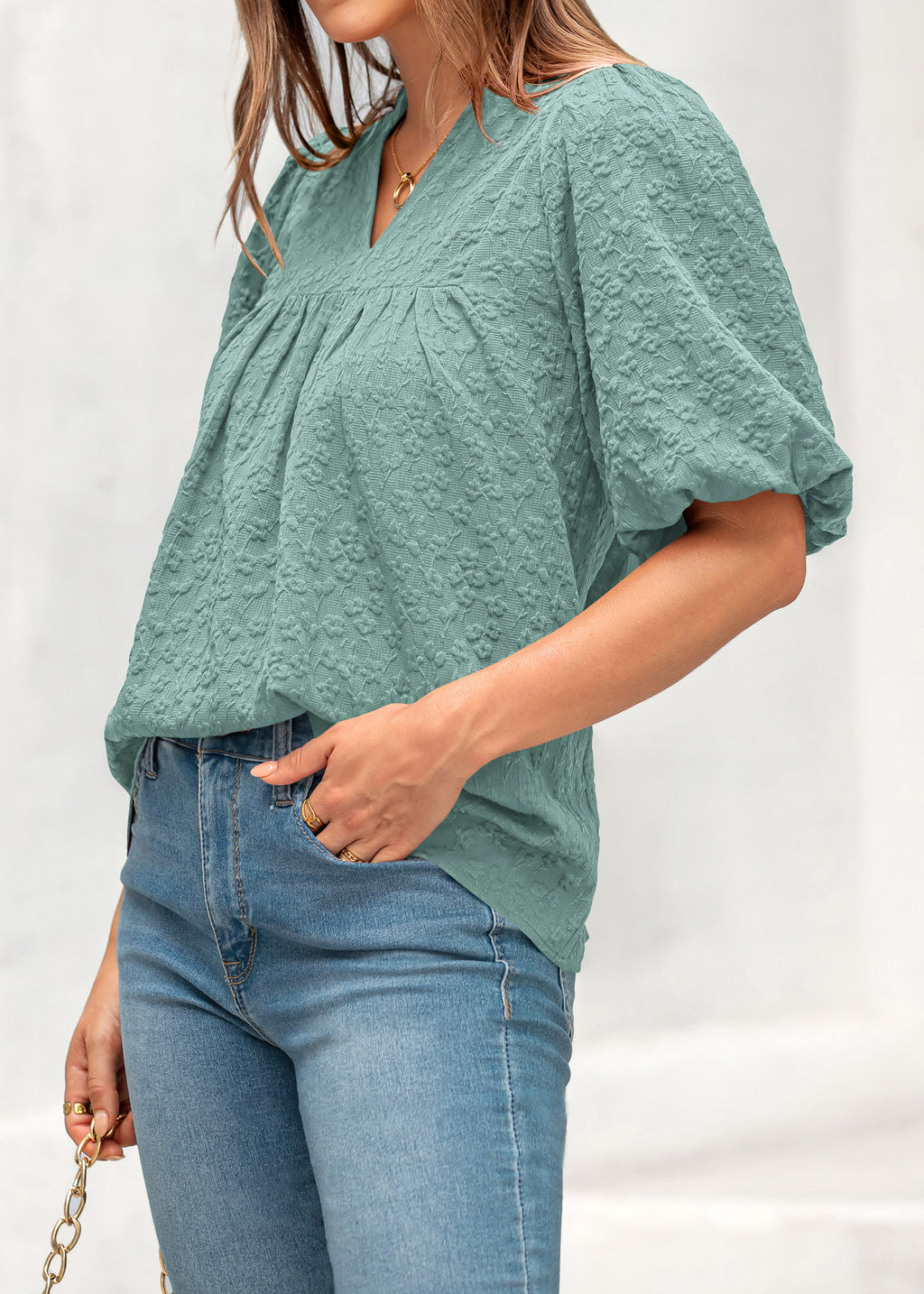 MASCOMODA Womens Summer Tops 2026 Ruffle V Neck Blouses Loose Puff Short Sleeve Jacquard Babydoll Tops Casual Dressy T-Shirts