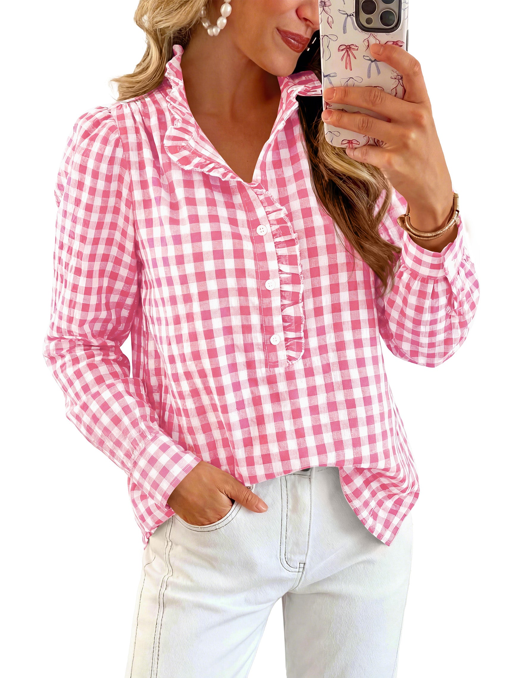 MASCOMODA Womens Long Sleeve Button Down Tops Plaid Shirts | 100% Cotton Shirts, Lightweight, Ruffled Collar, Puff Sleeve Gingham Top, Business Casual Work Blouses, Fall Office Wear