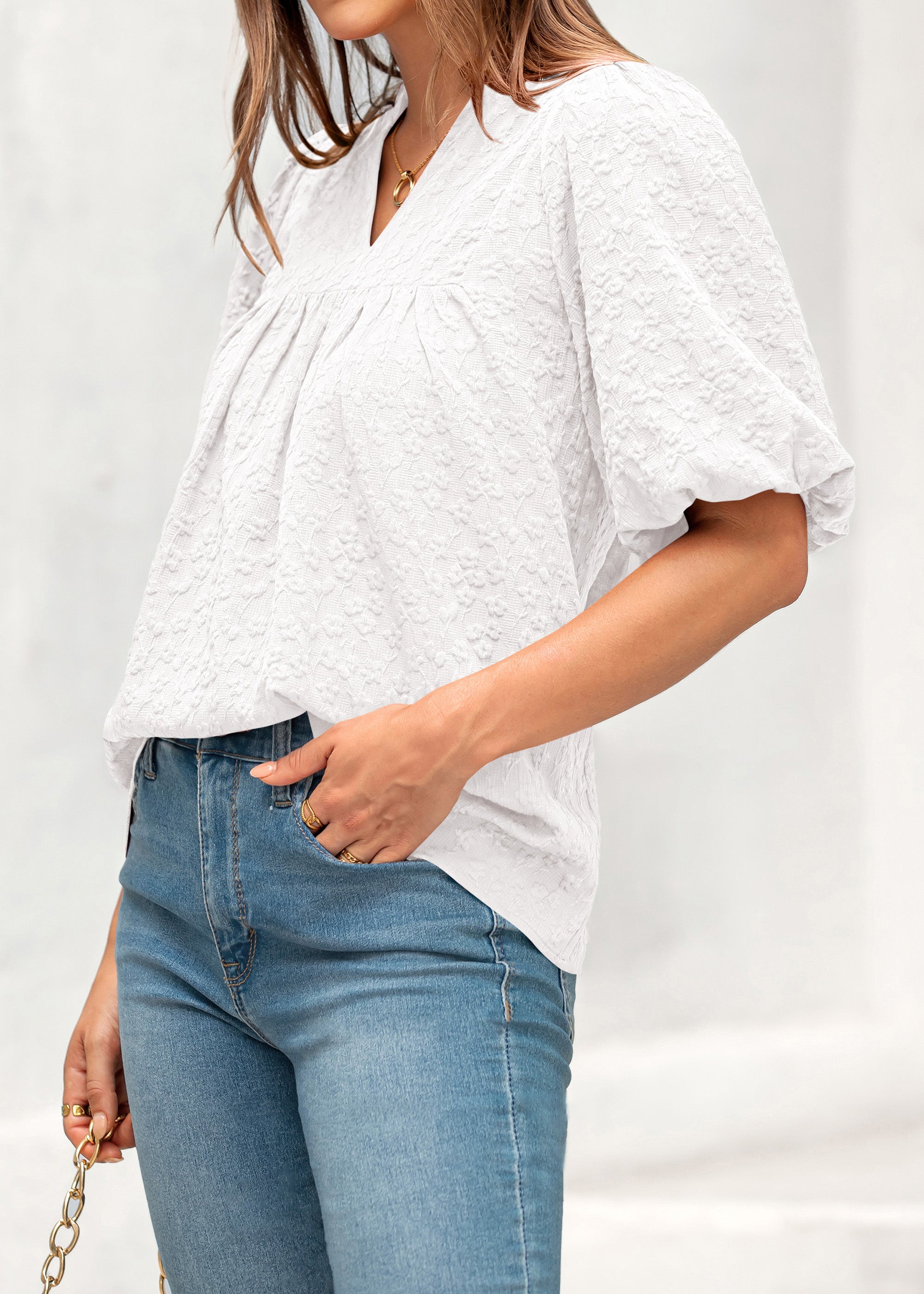 MASCOMODA Womens Summer Tops 2026 Ruffle V Neck Blouses Loose Puff Short Sleeve Jacquard Babydoll Tops Casual Dressy T-Shirts