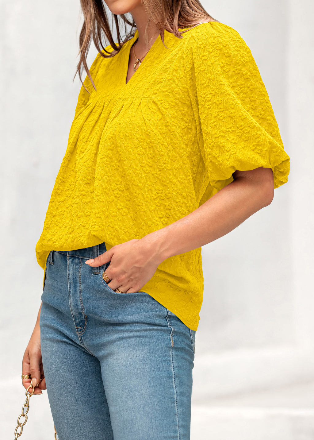 MASCOMODA Womens Summer Tops 2026 Ruffle V Neck Blouses Loose Puff Short Sleeve Jacquard Babydoll Tops Casual Dressy T-Shirts