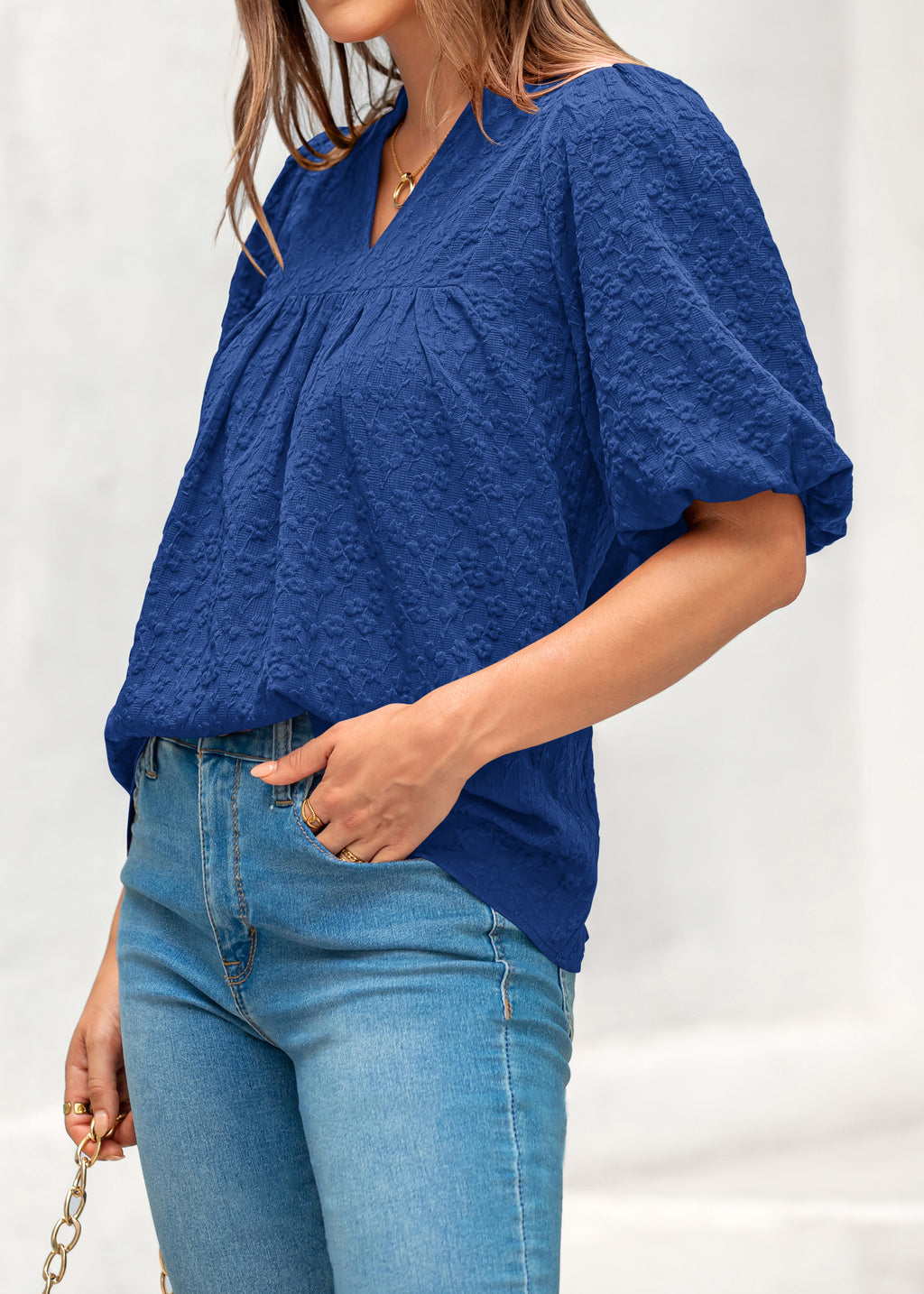 MASCOMODA Womens Summer Tops 2026 Ruffle V Neck Blouses Loose Puff Short Sleeve Jacquard Babydoll Tops Casual Dressy T-Shirts