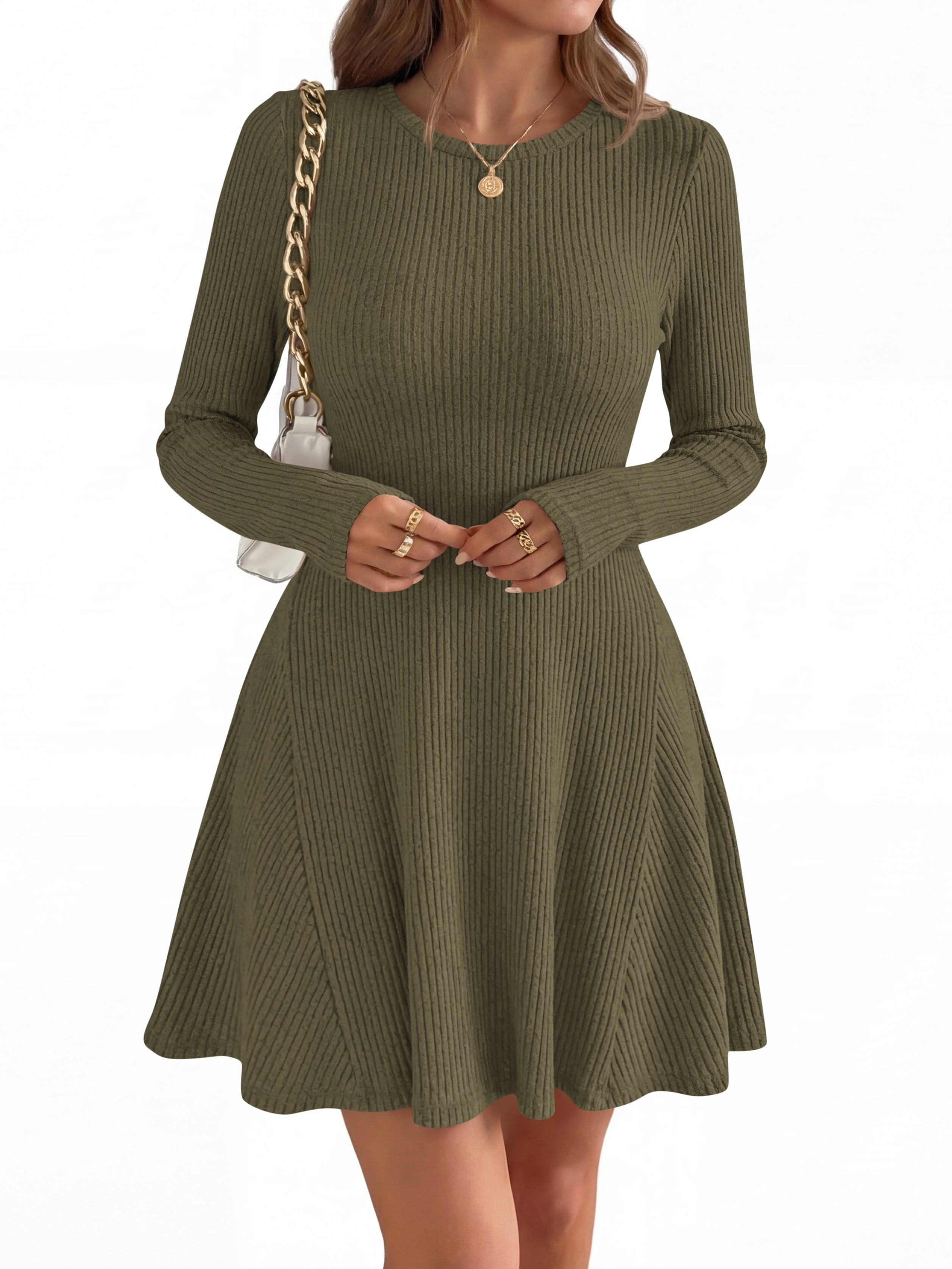 MASCOMODA Womens Fall Fashion 2026 Long Sleeve Mini Sweater Dress Casual Crewneck Ribbed Knit A Line Short Cocktail Dresses