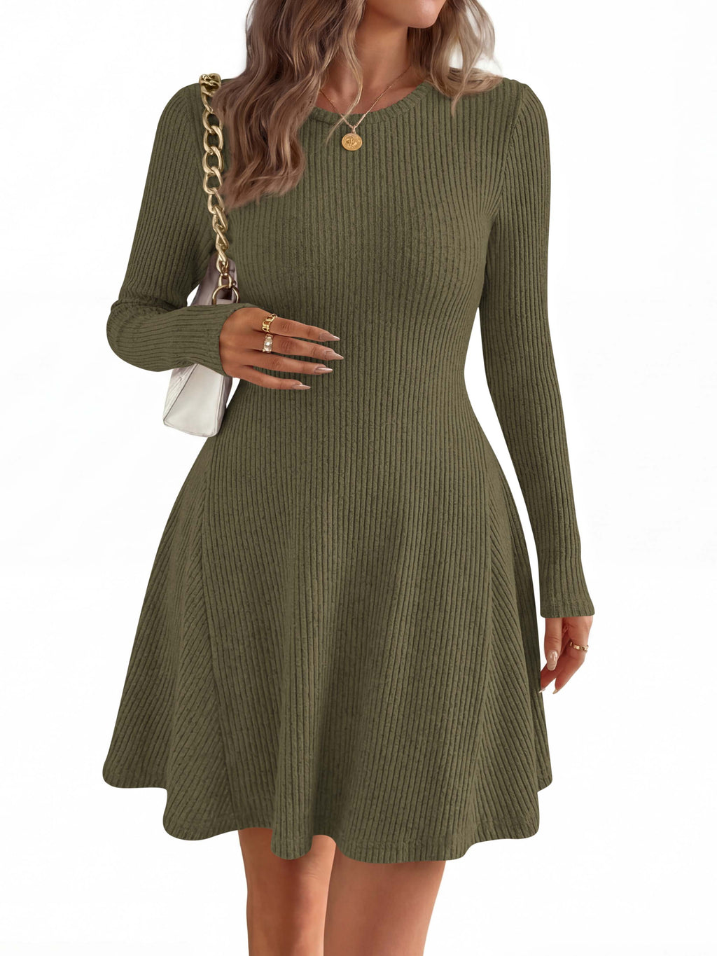 MASCOMODA Womens Fall Fashion 2026 Long Sleeve Mini Sweater Dress Casual Crewneck Ribbed Knit A Line Short Cocktail Dresses