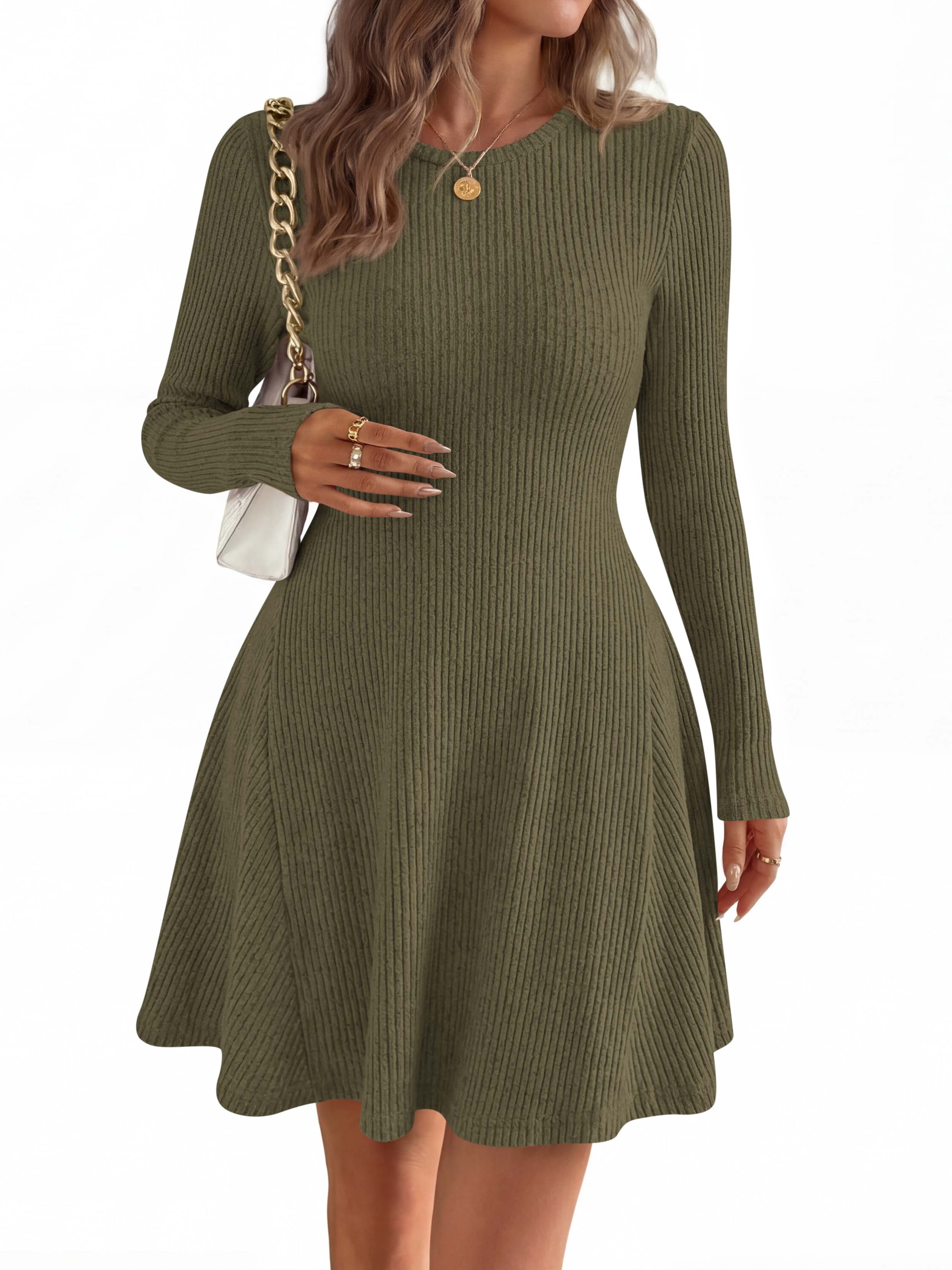 MASCOMODA Womens Fall Fashion 2026 Long Sleeve Mini Sweater Dress Casual Crewneck Ribbed Knit A Line Short Cocktail Dresses