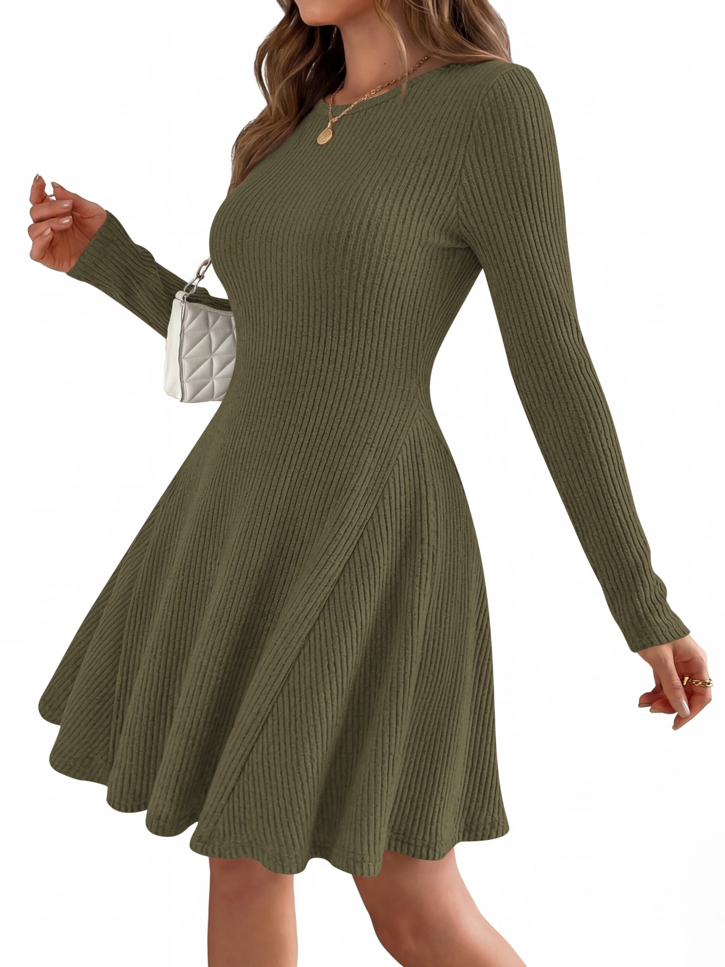 MASCOMODA Womens Fall Fashion 2026 Long Sleeve Mini Sweater Dress Casual Crewneck Ribbed Knit A Line Short Cocktail Dresses