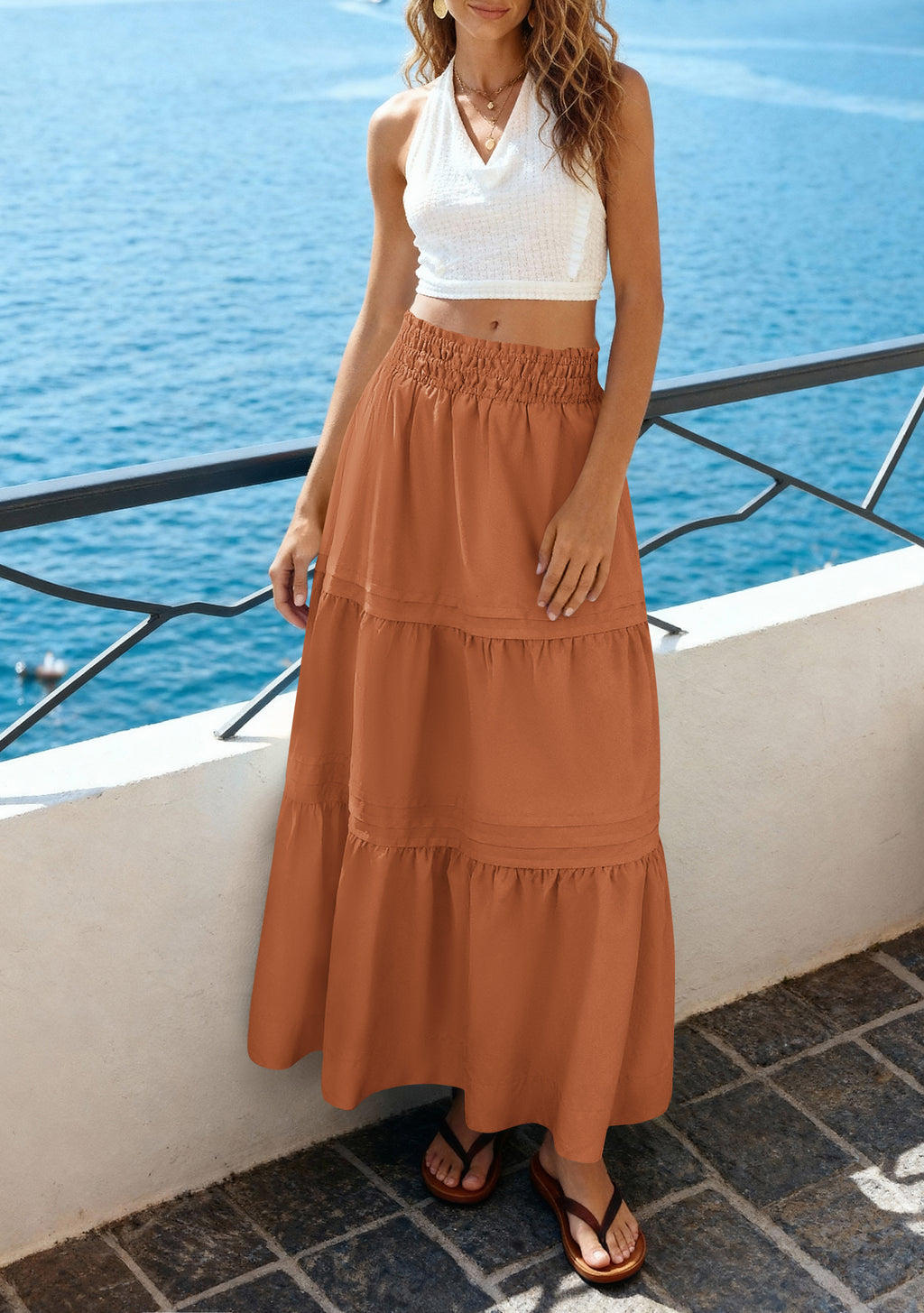 MASCOMODA Casual Long Skirts for Women A Line Boho Swing High Waisted Tiered Flowy Maxi Skirt Beach Summer Fashion 2025