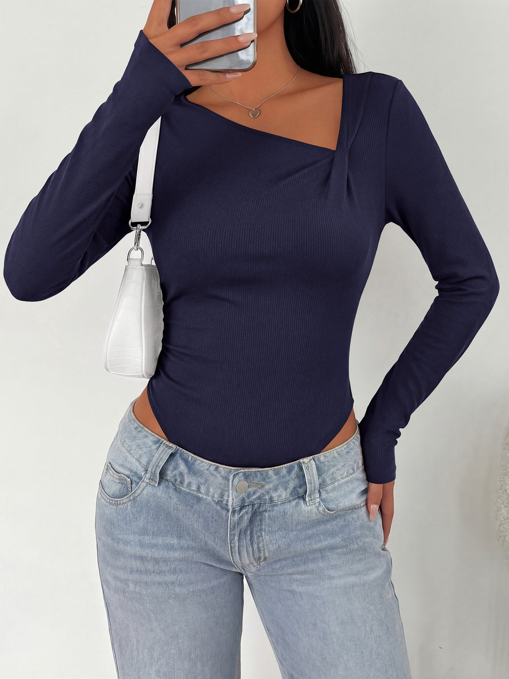 MASCOMODA Womens Fall Long Sleeve Bodysuit Fitted Tops | Asymmetrical Neck Slim Fit Body Suits, Front Ruched Casual Bodysuits, Basic Tee Shirts, Trendy Going Out Tops, Y2K Clothes