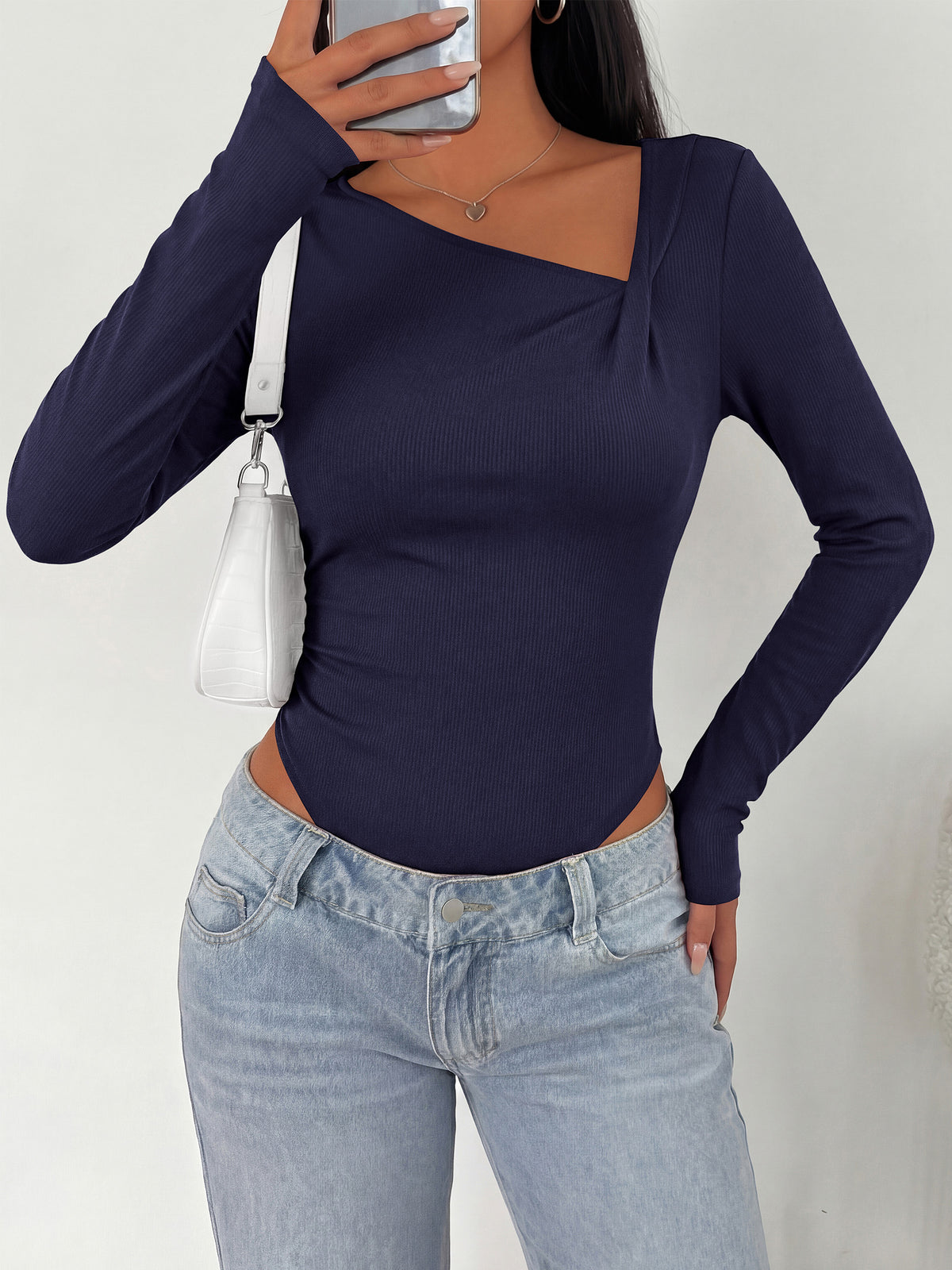 MASCOMODA Womens Fall Long Sleeve Bodysuit Fitted Tops | Asymmetrical Neck Slim Fit Body Suits, Front Ruched Casual Bodysuits, Basic Tee Shirts, Trendy Going Out Tops, Y2K Clothes