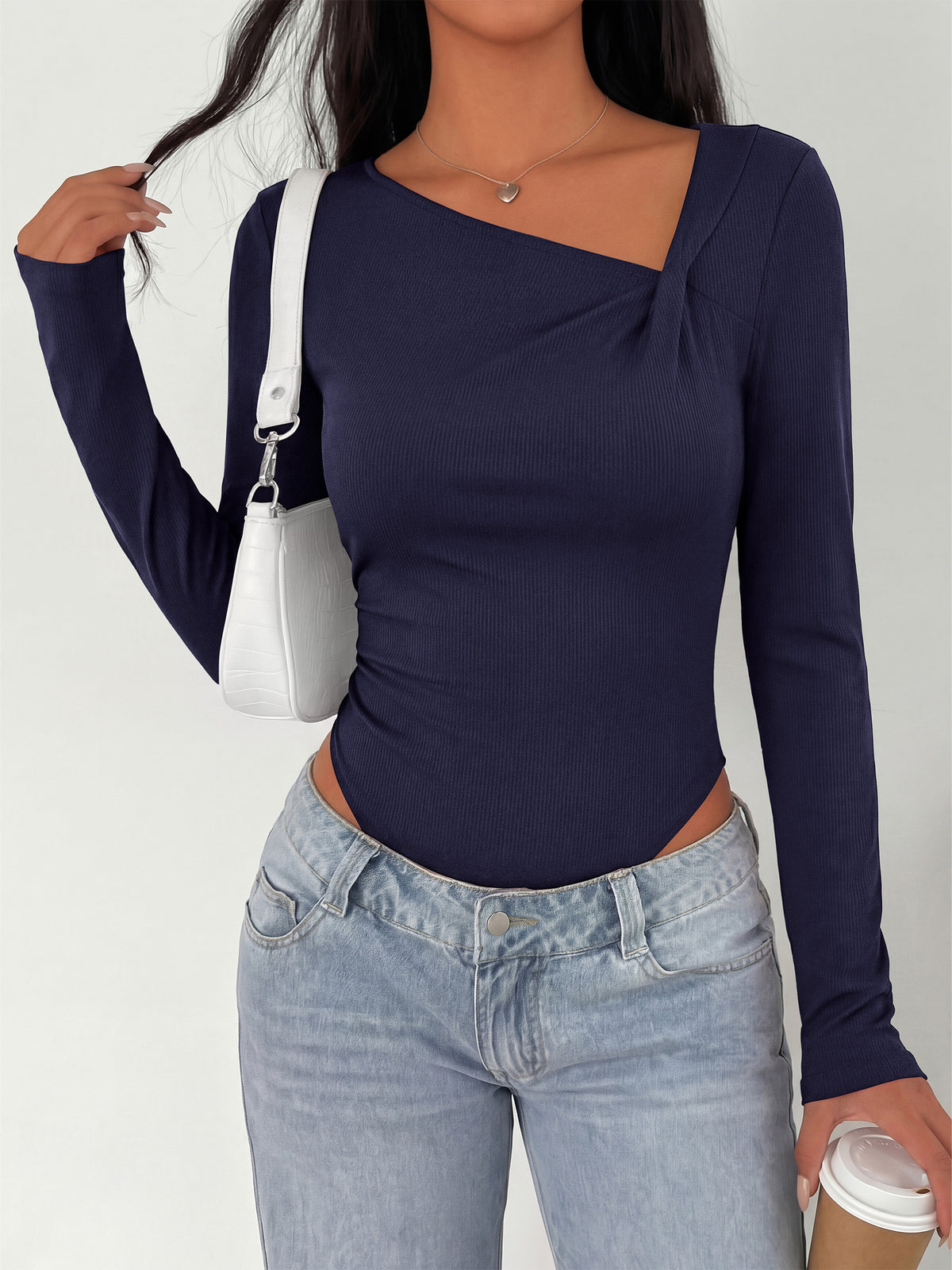 MASCOMODA Womens Fall Long Sleeve Bodysuit Fitted Tops | Asymmetrical Neck Slim Fit Body Suits, Front Ruched Casual Bodysuits, Basic Tee Shirts, Trendy Going Out Tops, Y2K Clothes