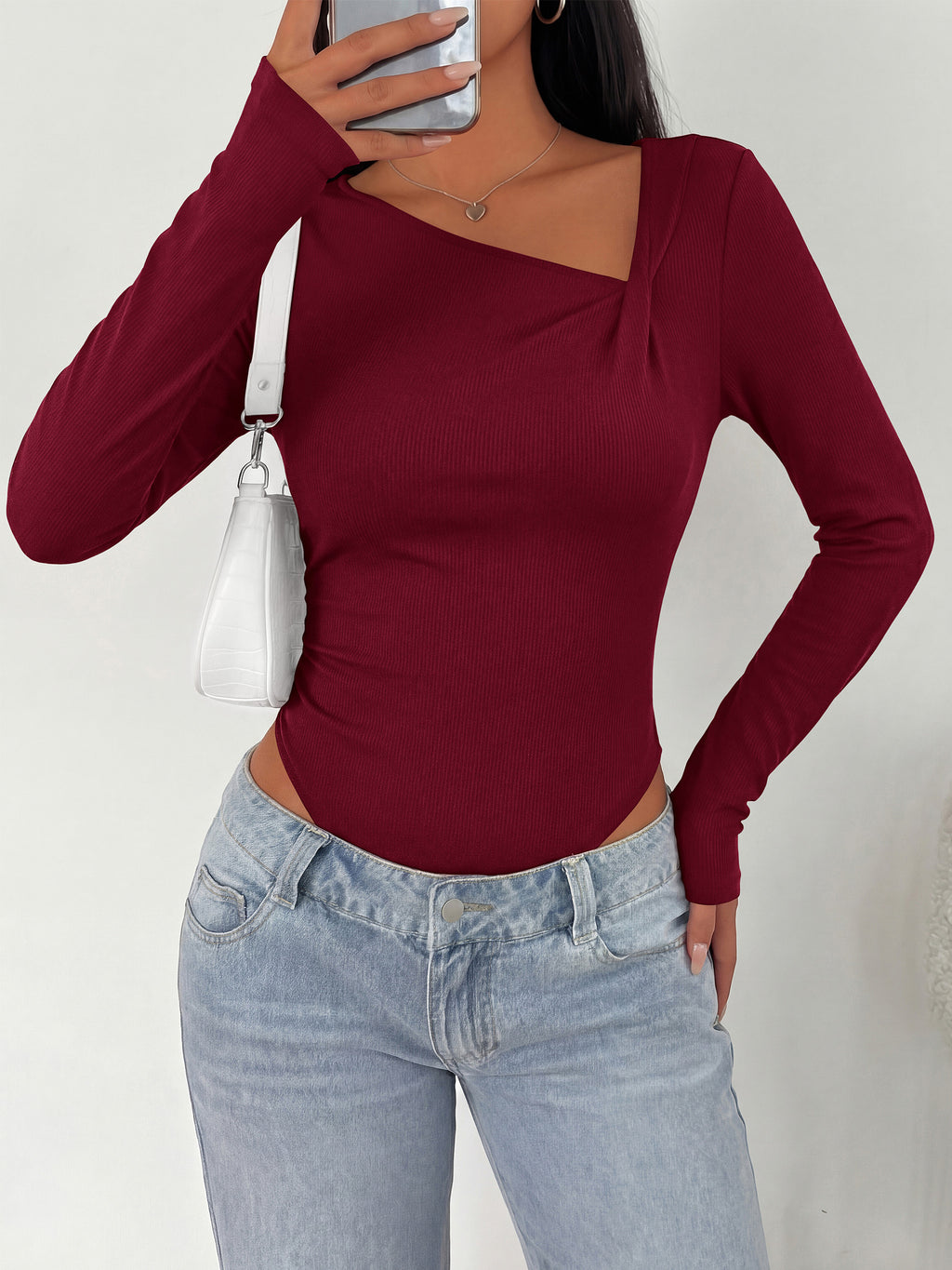 MASCOMODA Womens Fall Long Sleeve Bodysuit Fitted Tops | Asymmetrical Neck Slim Fit Body Suits, Front Ruched Casual Bodysuits, Basic Tee Shirts, Trendy Going Out Tops, Y2K Clothes